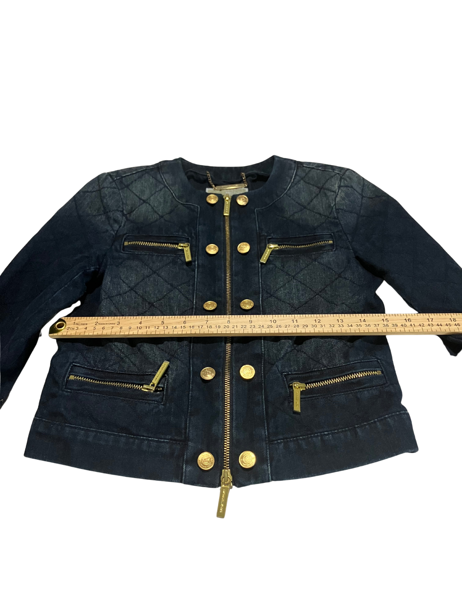 Michael Kors Quilted Denim Jacket with Gold Accents – Size XS