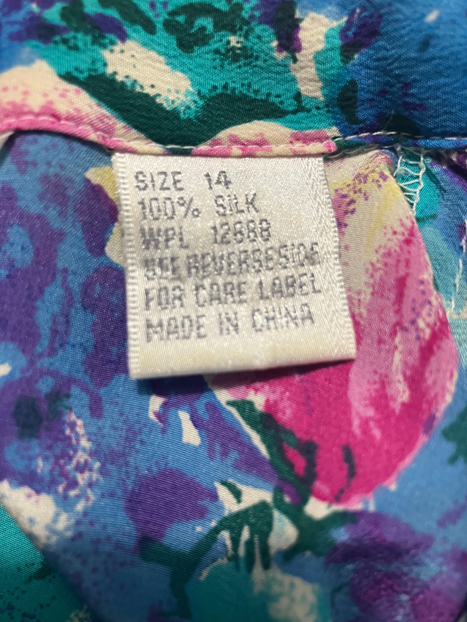 Sellecca — Silk Blouse | Cobalt watercolor floral, camp collar · Sz 14
