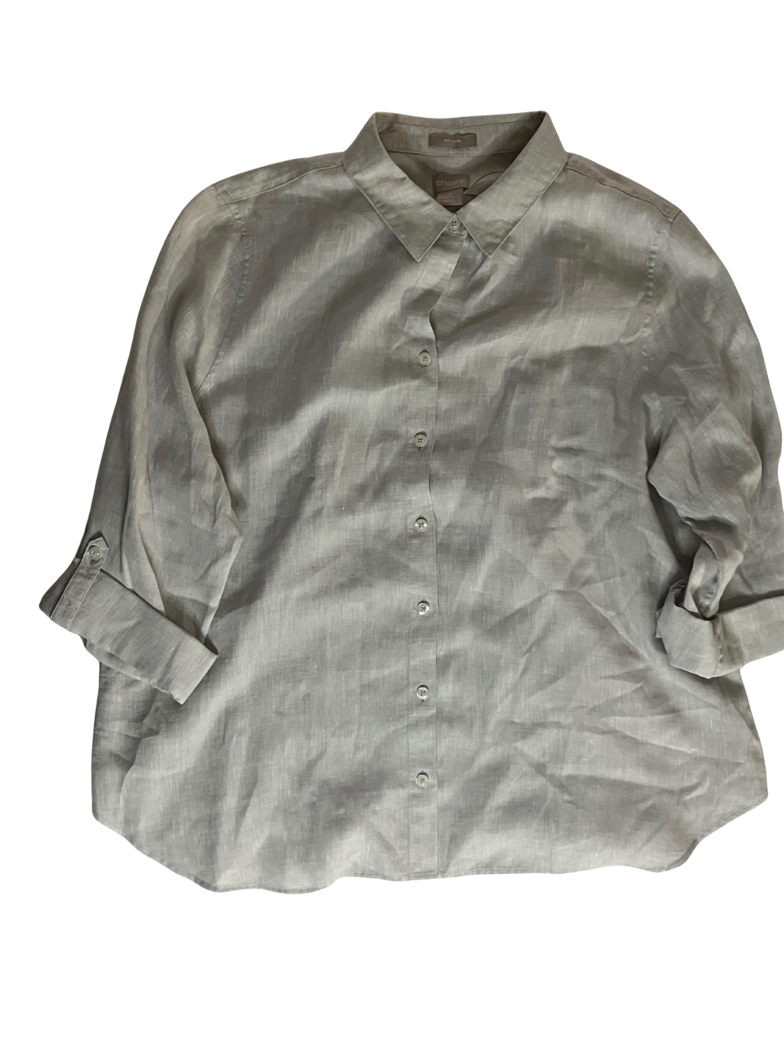 Chico's No Iron Linen Shirt 3 XL Gray Button Down Roll Tab Sleeve NWT