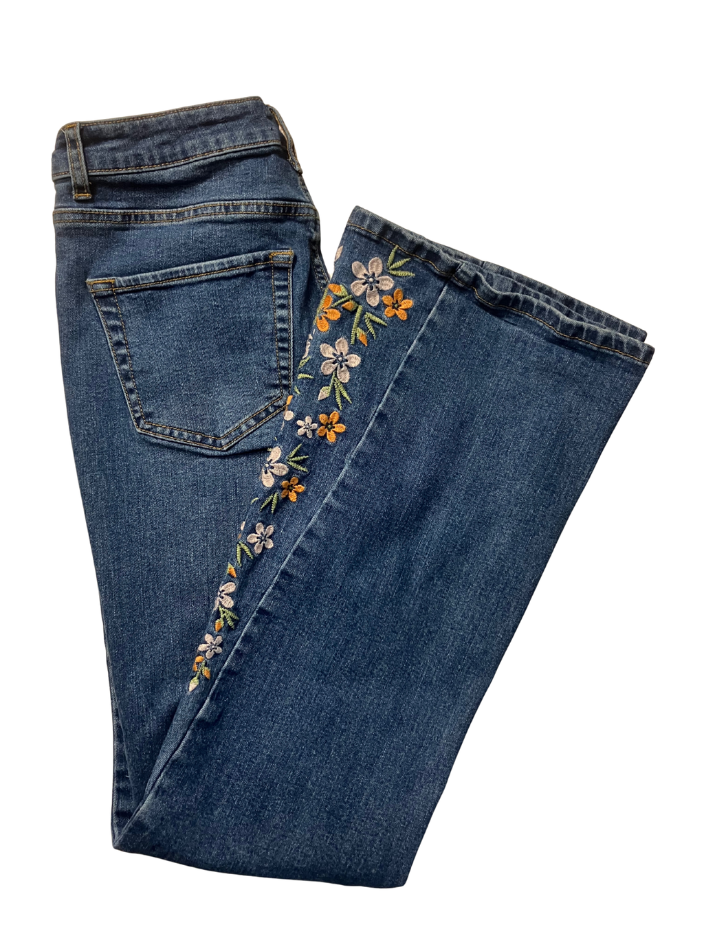 Angel Kiss Floral Embroidered Flare Jeans Mid-Rise Stretch Denim