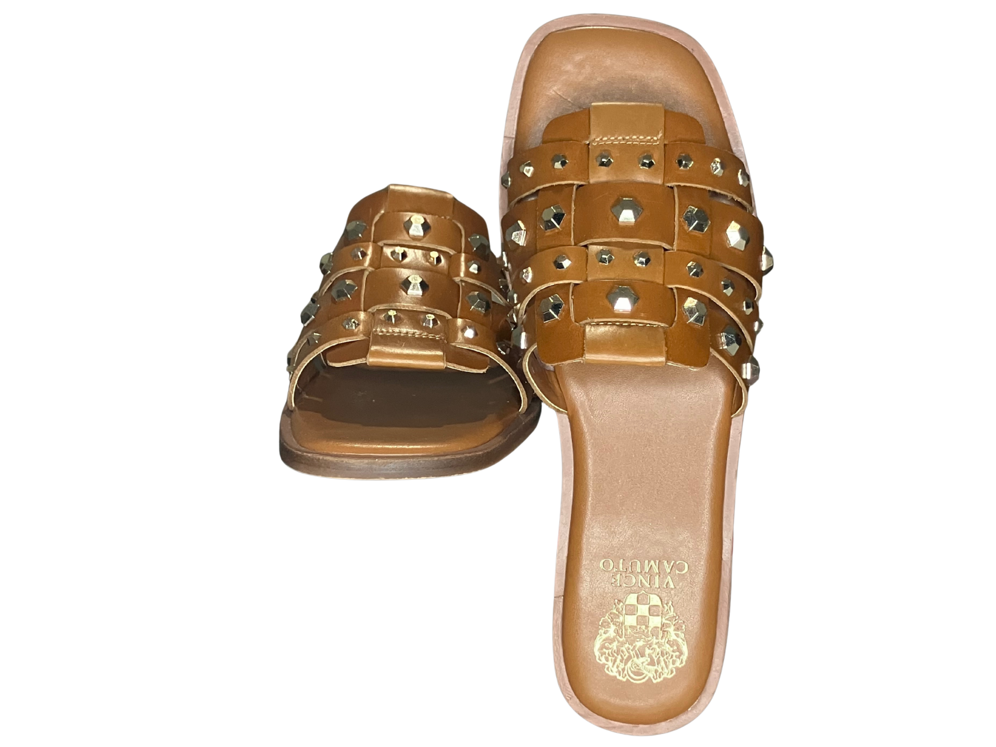 Vince Camuto Neverna Studded Slide Sandals – Cognac Leather Woven Straps