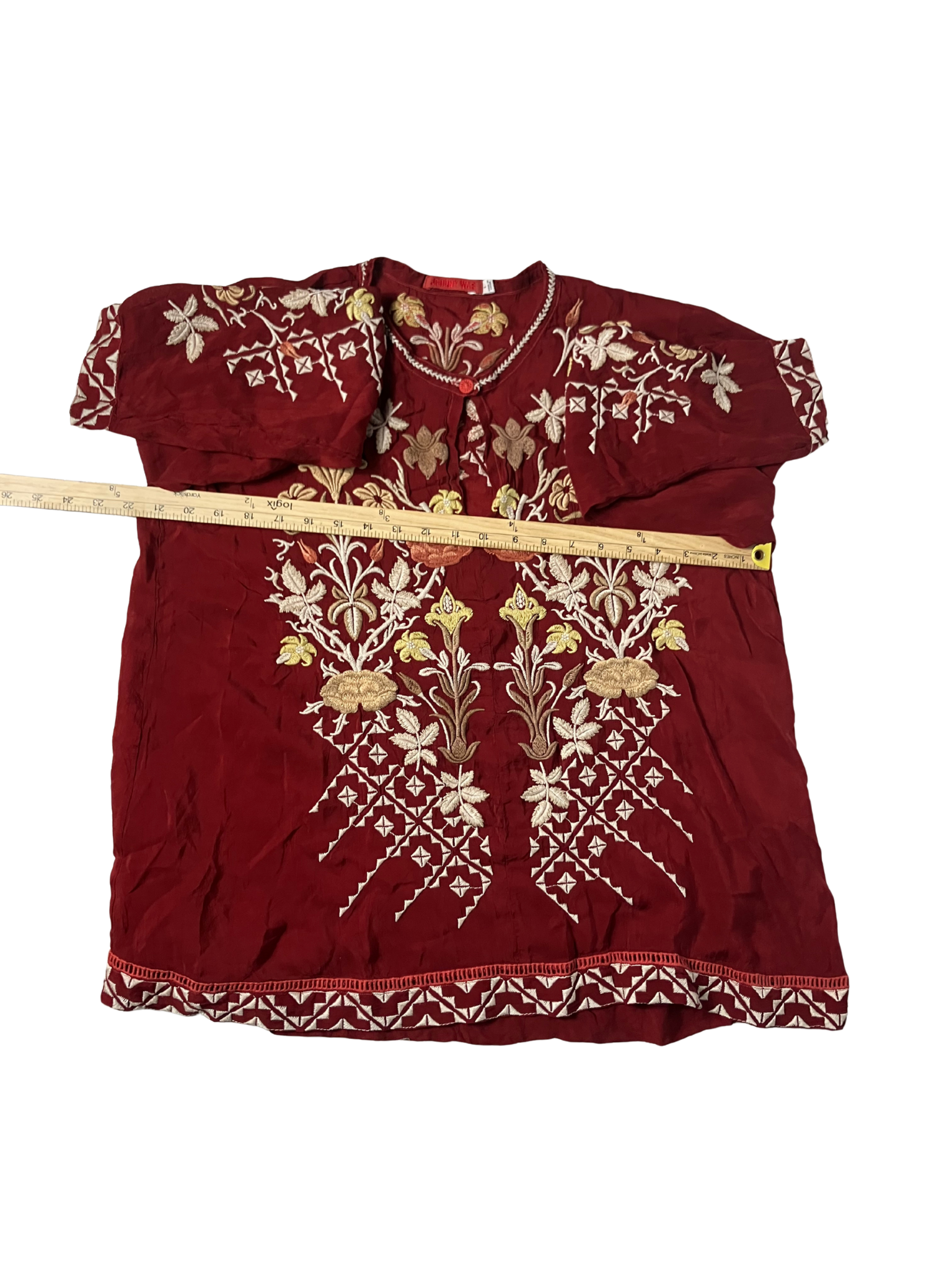 Johnny Was — Tunic | Dense botanical embroidery in deep burgundy · Sz L