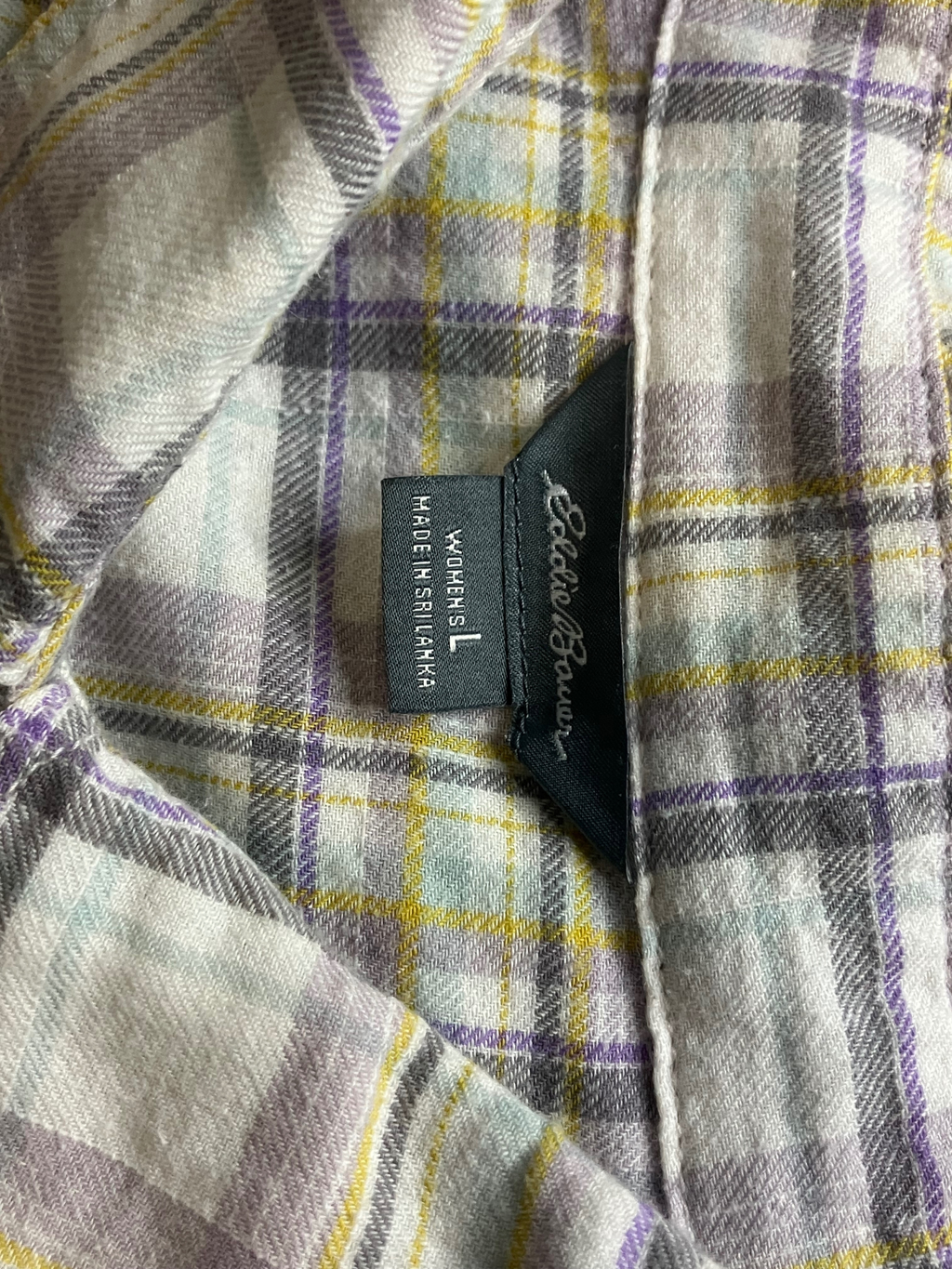 Eddie Bauer Plaid Ruffle Blouse Size L - Green Gray Cotton Roll Tab Sleeves