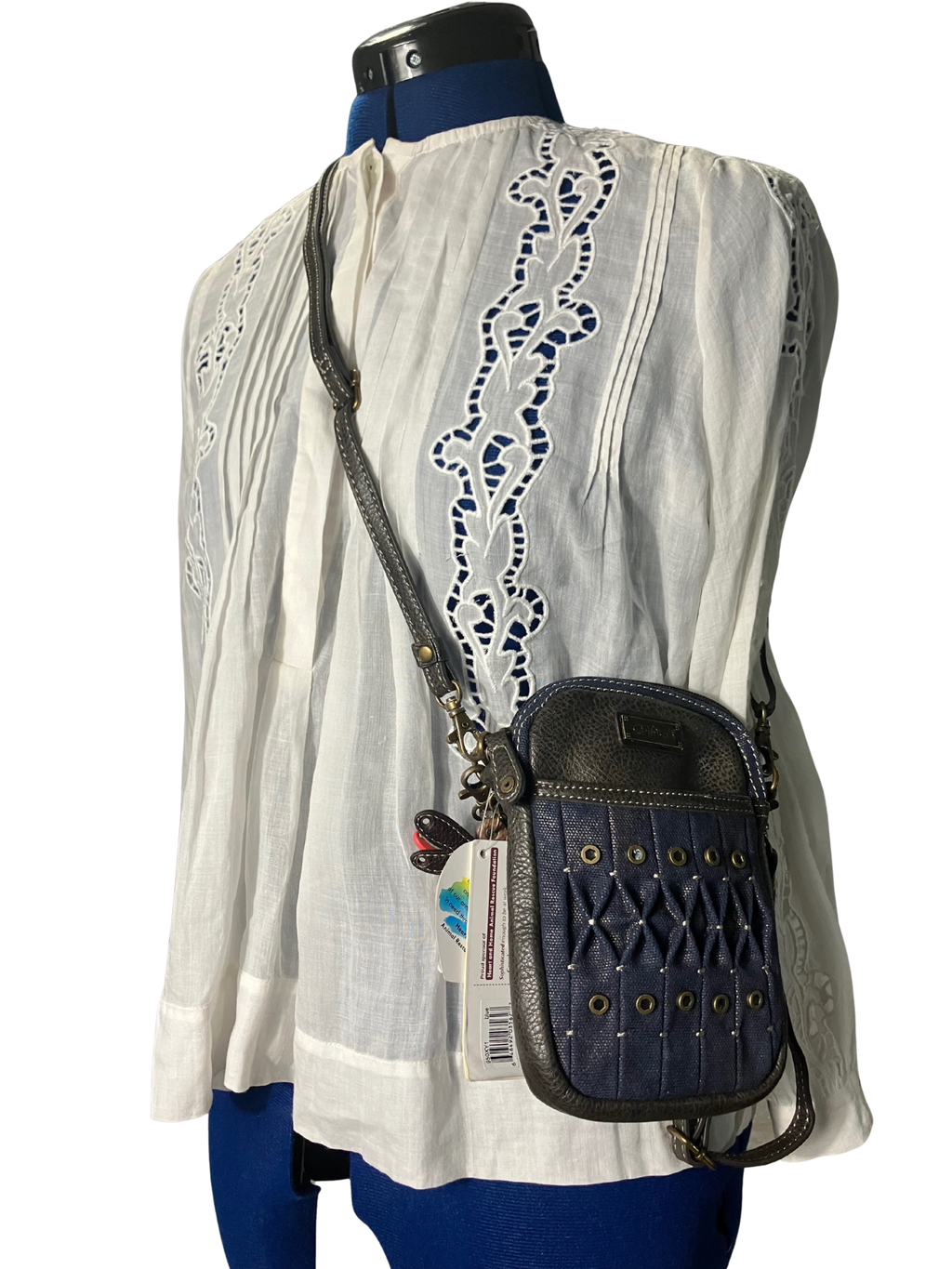 Chala Blue Canvas Convertible Mini Crossbody Bag - Dragonfly Charm