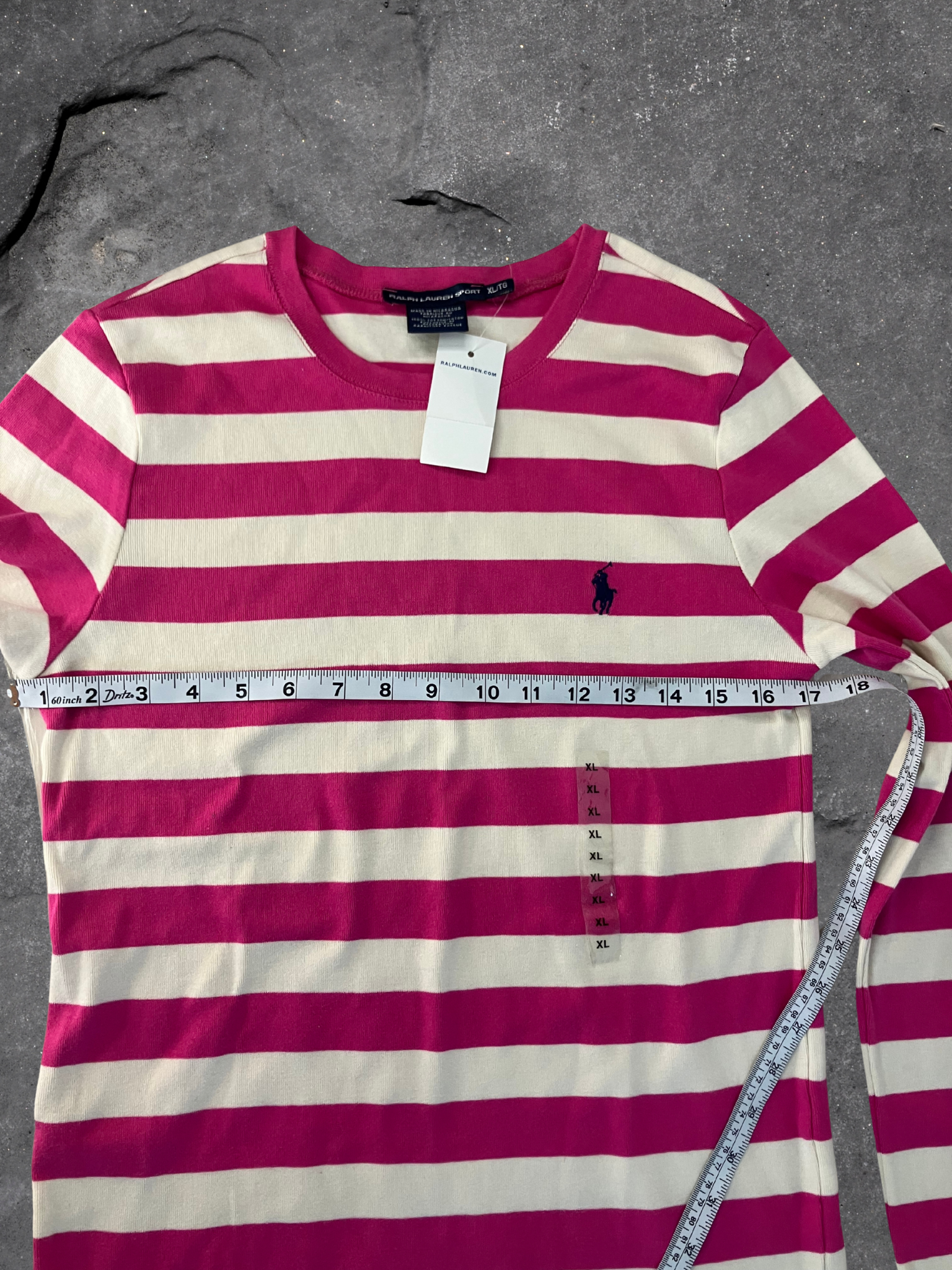 Ralph Lauren — Crew Neck T-Shirt | Pink and cream stripes, embroidered pony · Sz XL