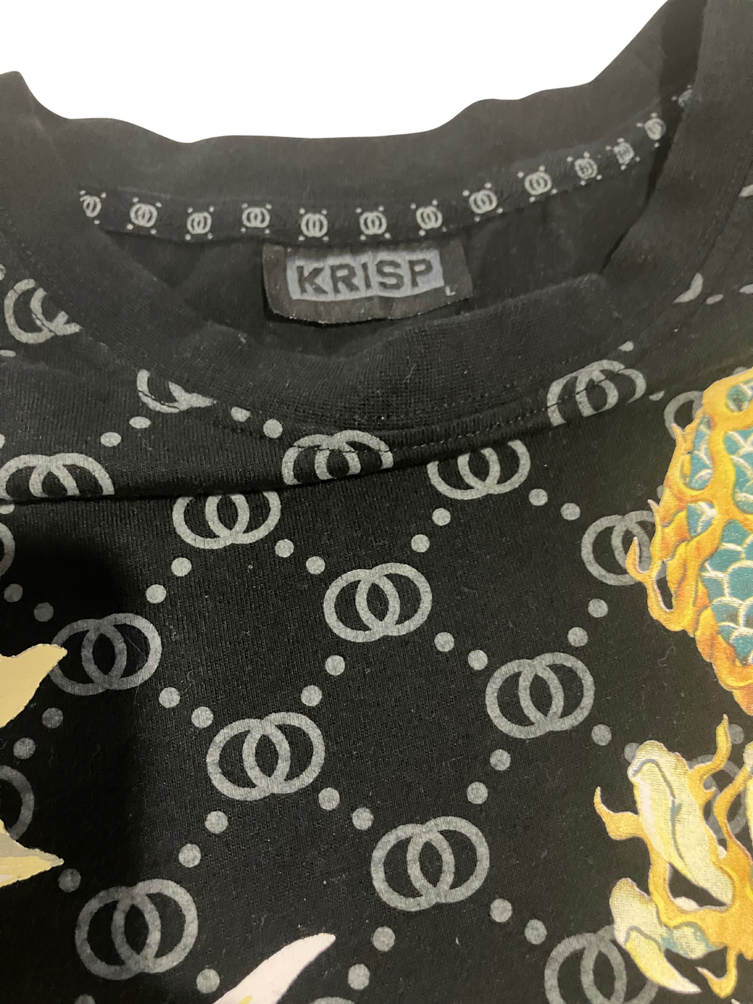 KRISP Designer T-Shirt Black with Golden Dragon & Lily Print