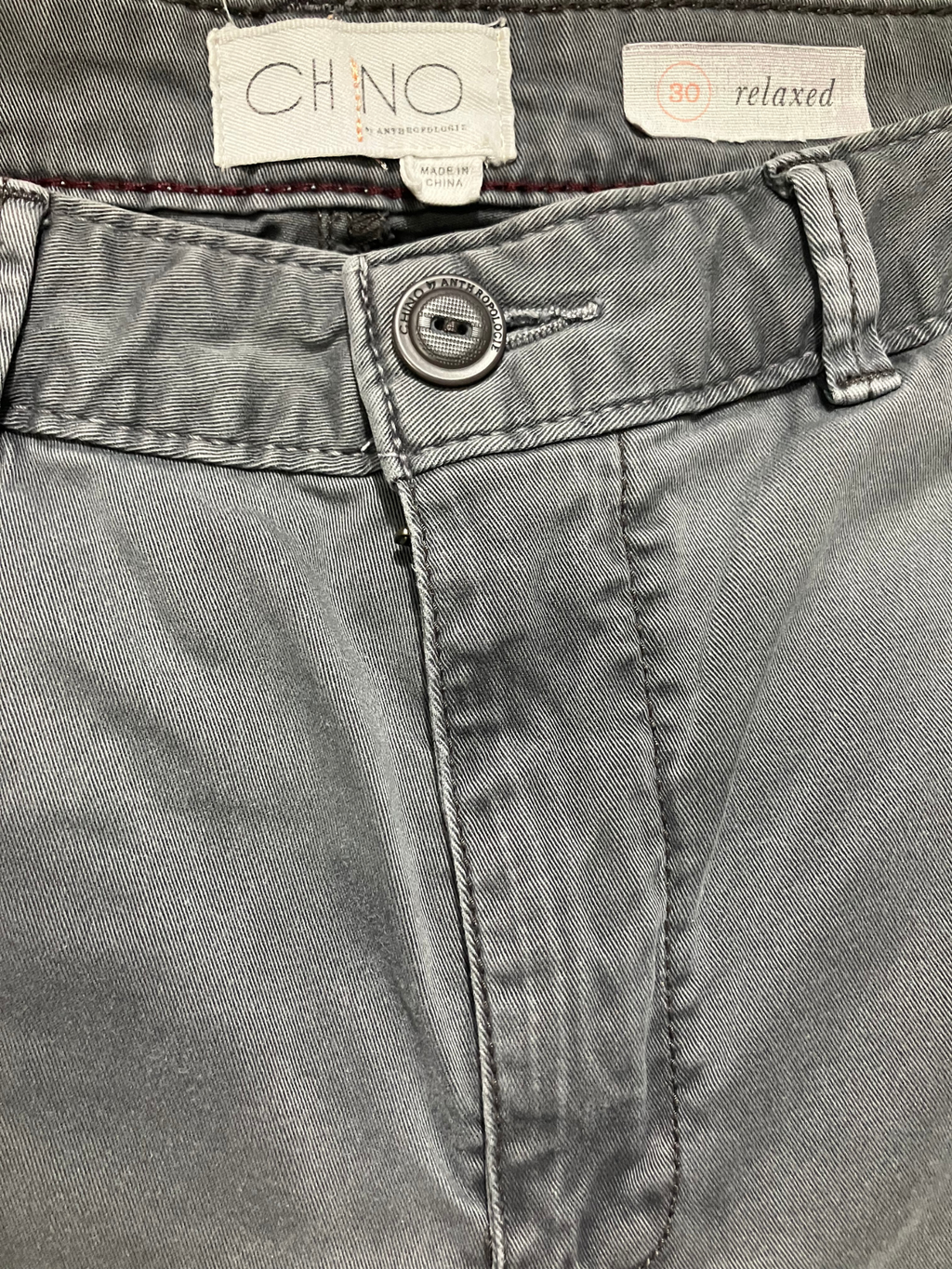 Chino by Anthropologie — Tailored Pants | Slate gray cotton with navy side stripe · Sz 30