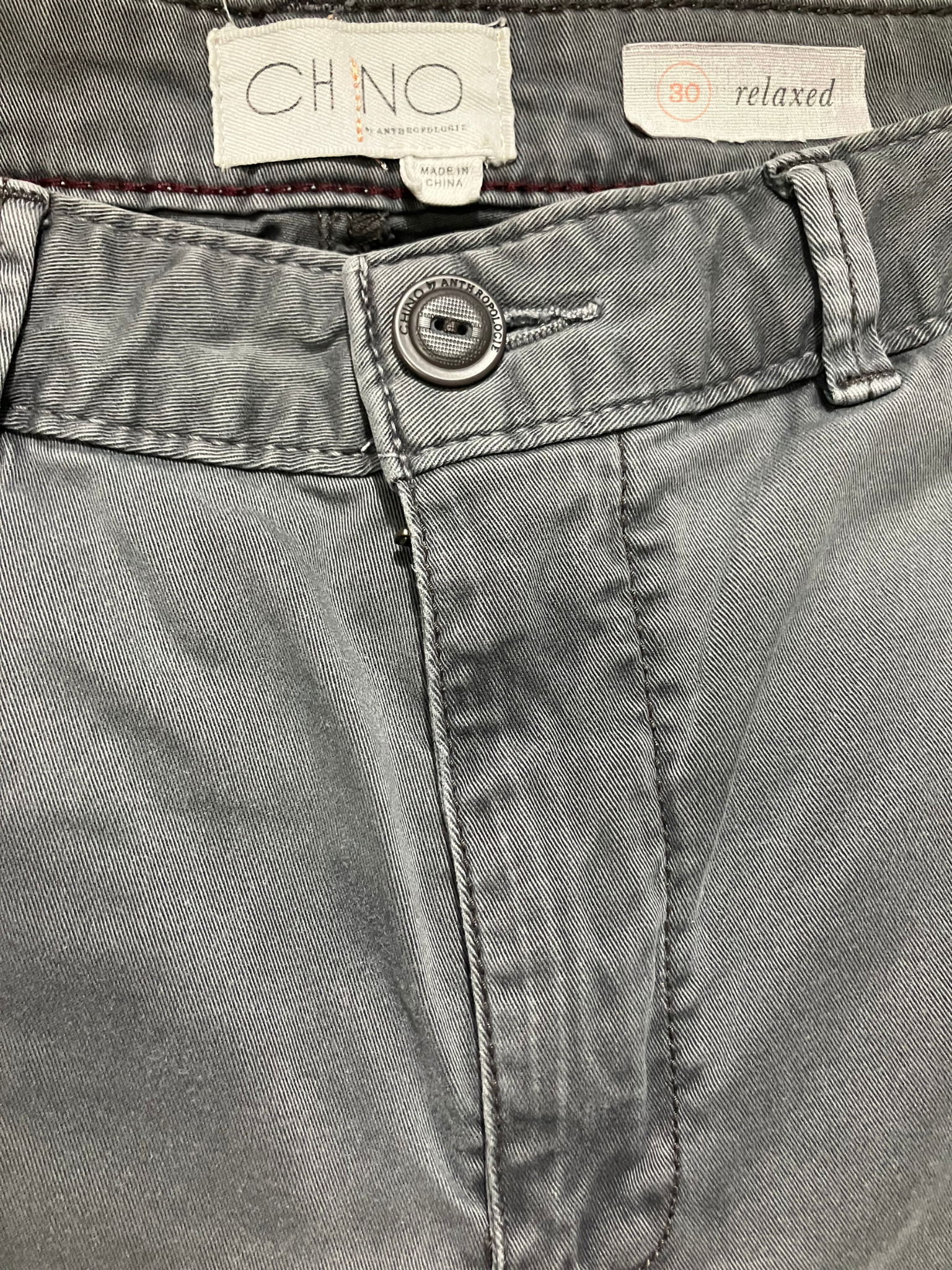 Chino by Anthropologie — Tailored Pants | Slate gray cotton with navy side stripe · Sz 30