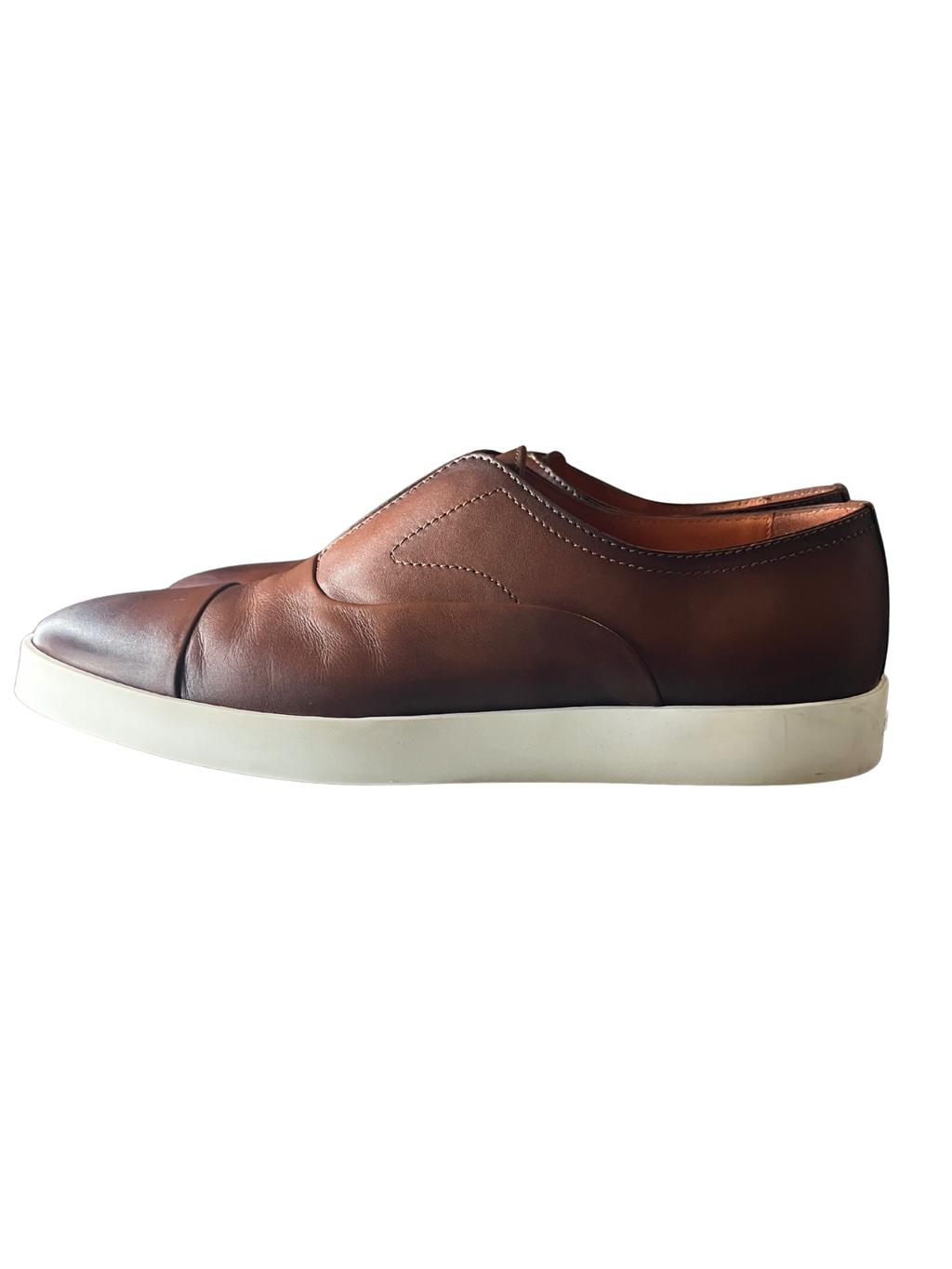 Santoni Made in Italy Brown Patina Leather Slip-On Cupsole Sneakers