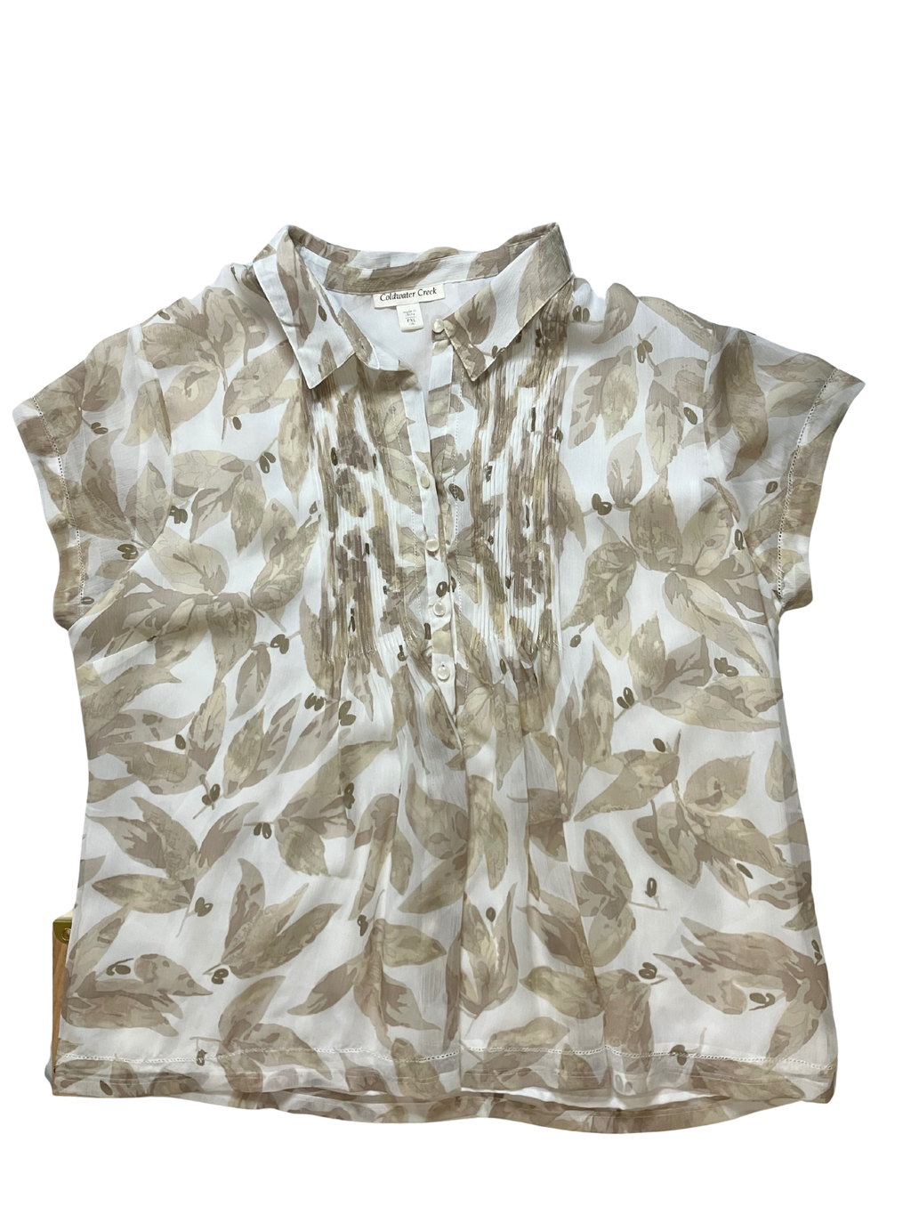 Coldwater Creek Petite Botanical Leaf Print Button-Front Blouse Size PXL