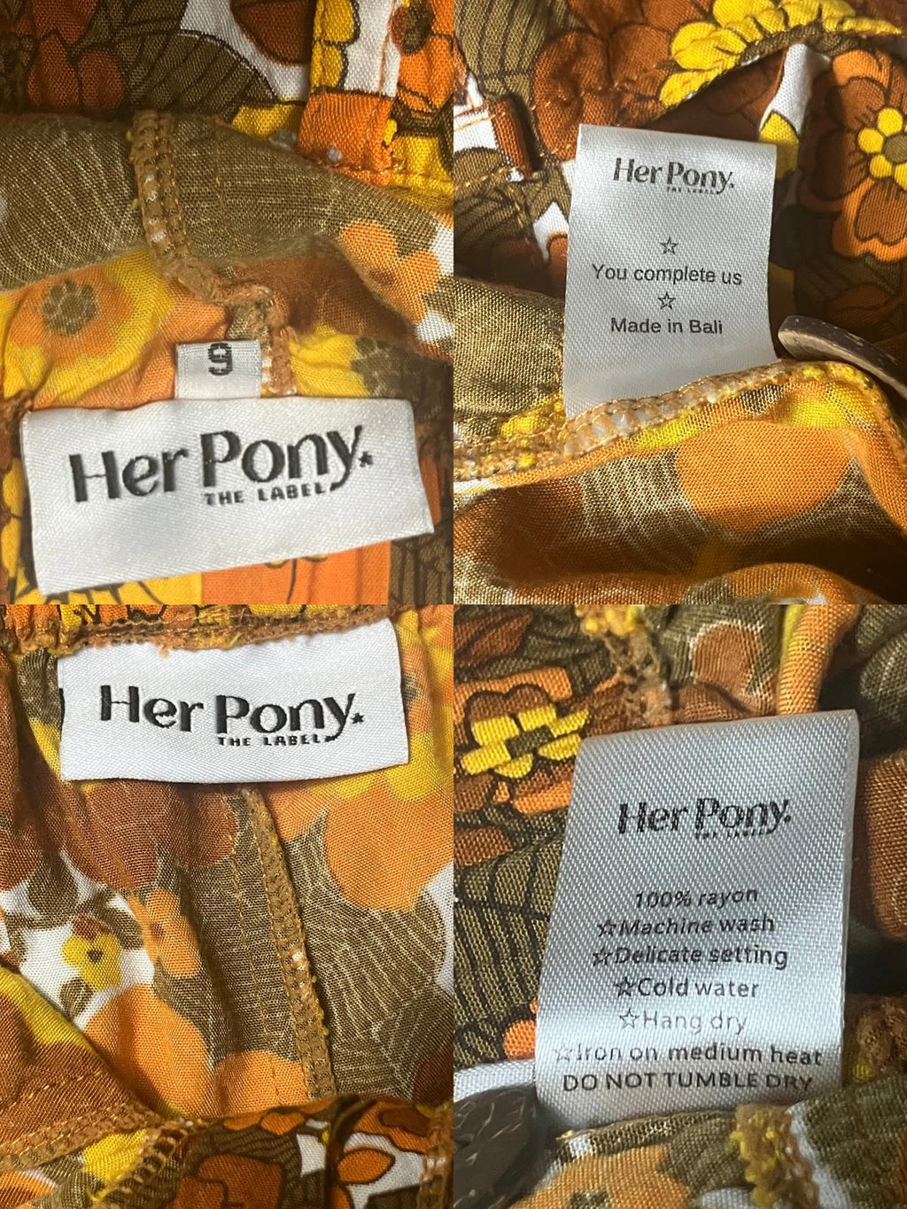 Her Pony — Wide-Leg Pants | 1970s retro floral, 100% rayon · Sz 6