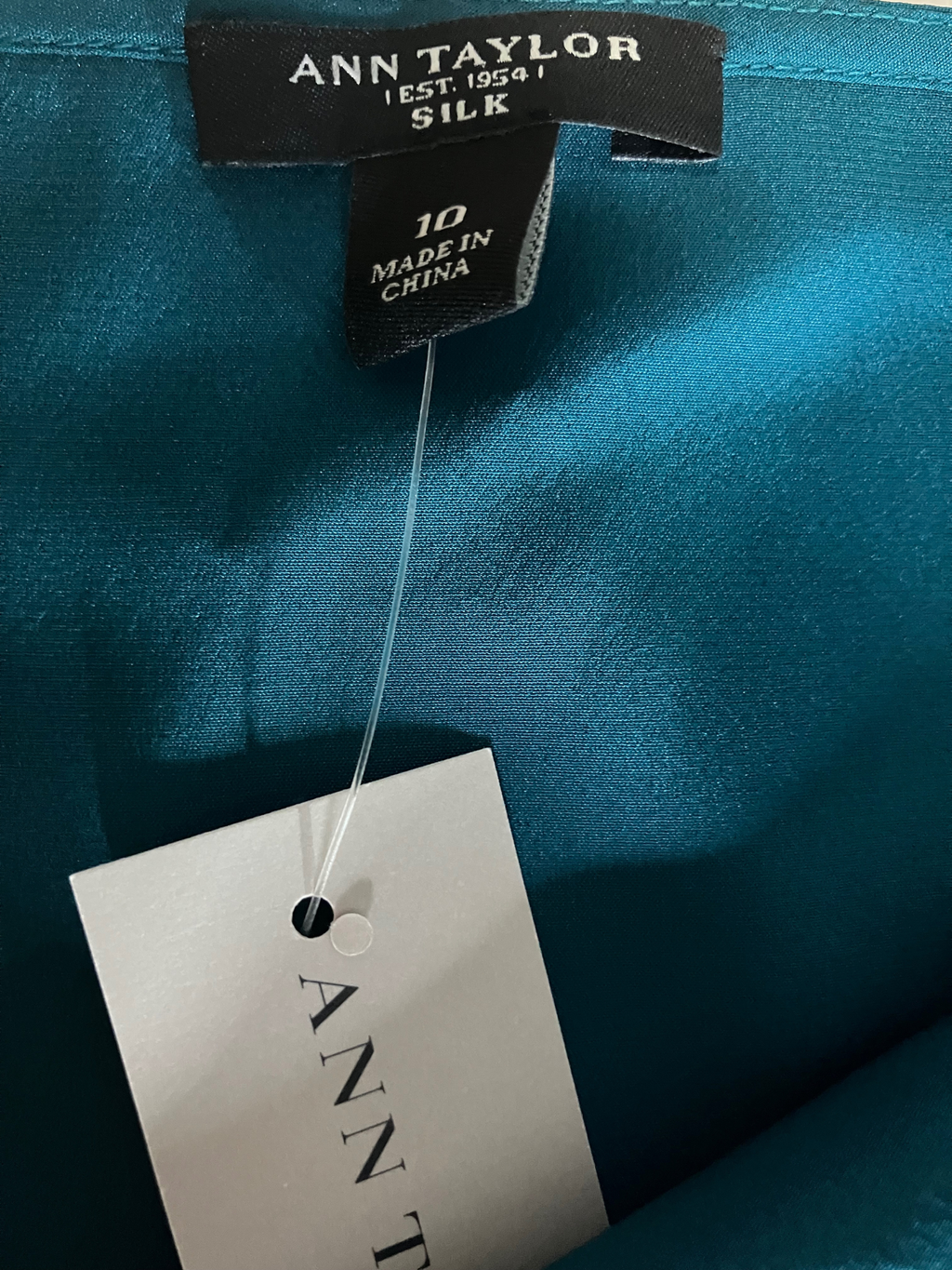 Ann Taylor Silk Blouse Size 10 Teal - NWT Cowl Neck Cap Sleeve