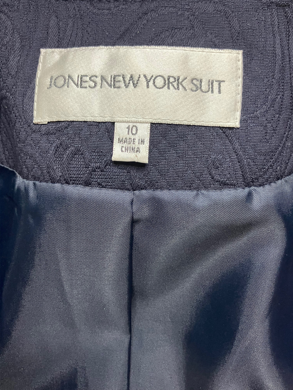 Jones New York Suit Navy Blue Jacquard Blazer 3/4 Sleeve Scoop Neck Size 10