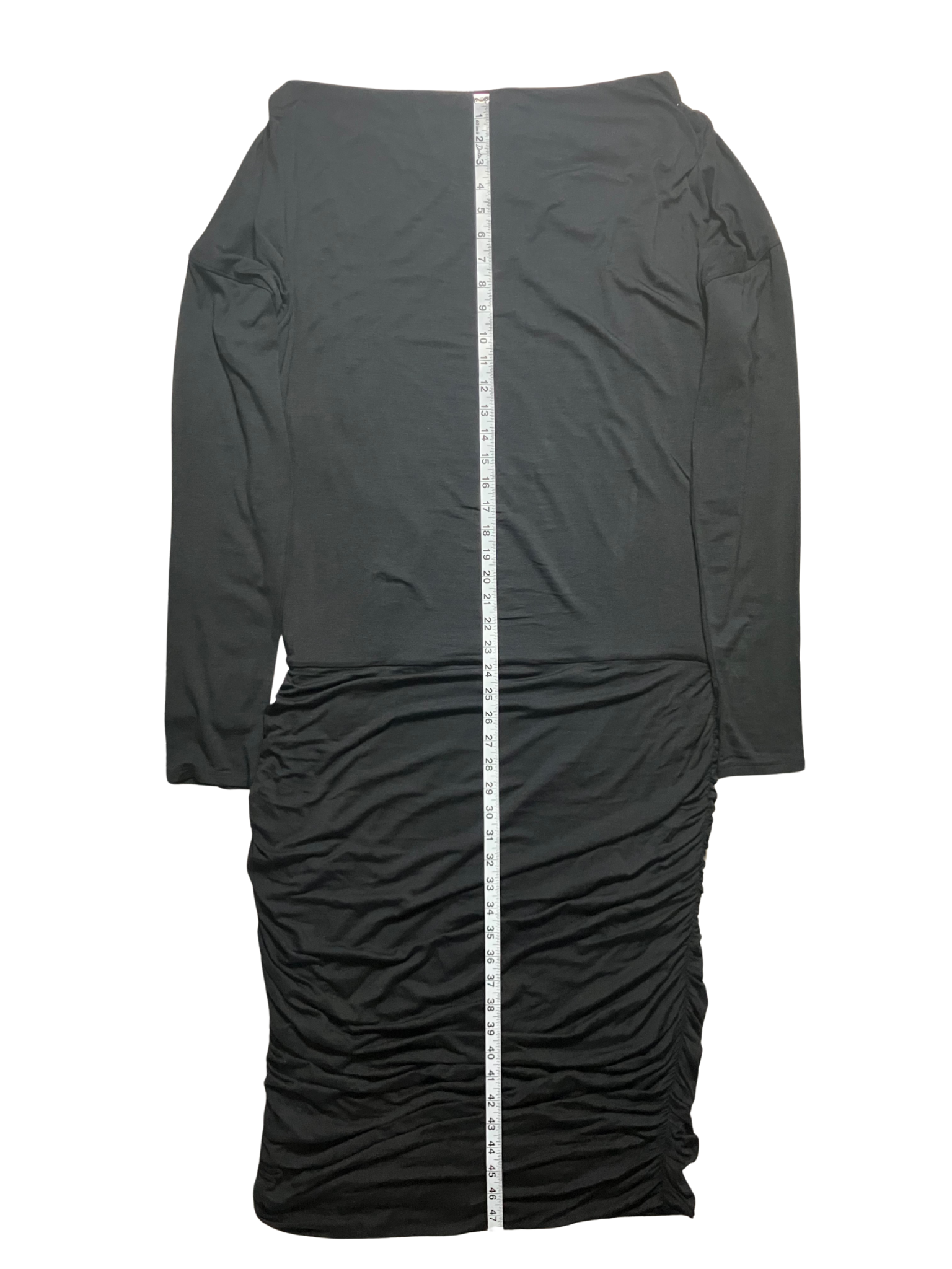 Athleta Black Long Sleeve Midi Dress Draped Neckline Ruched Skirt Size XLT