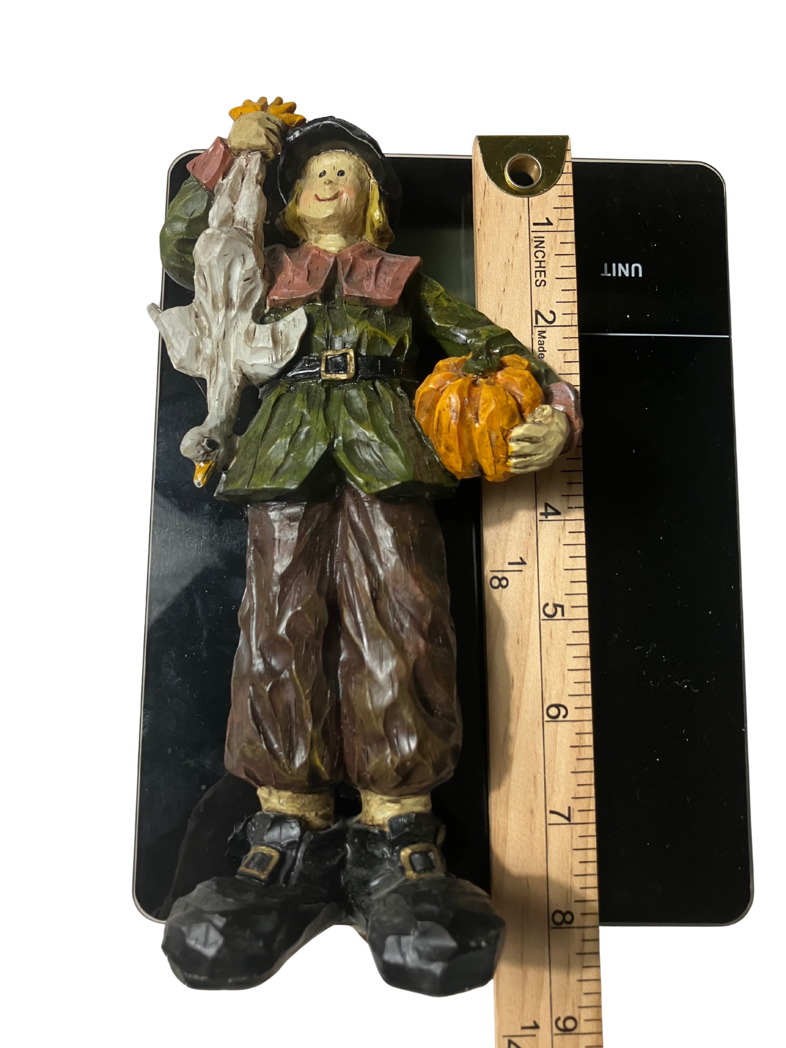 Vintage Thanksgiving Pilgrim Figurine with Goose & Pumpkin - 9" Resin