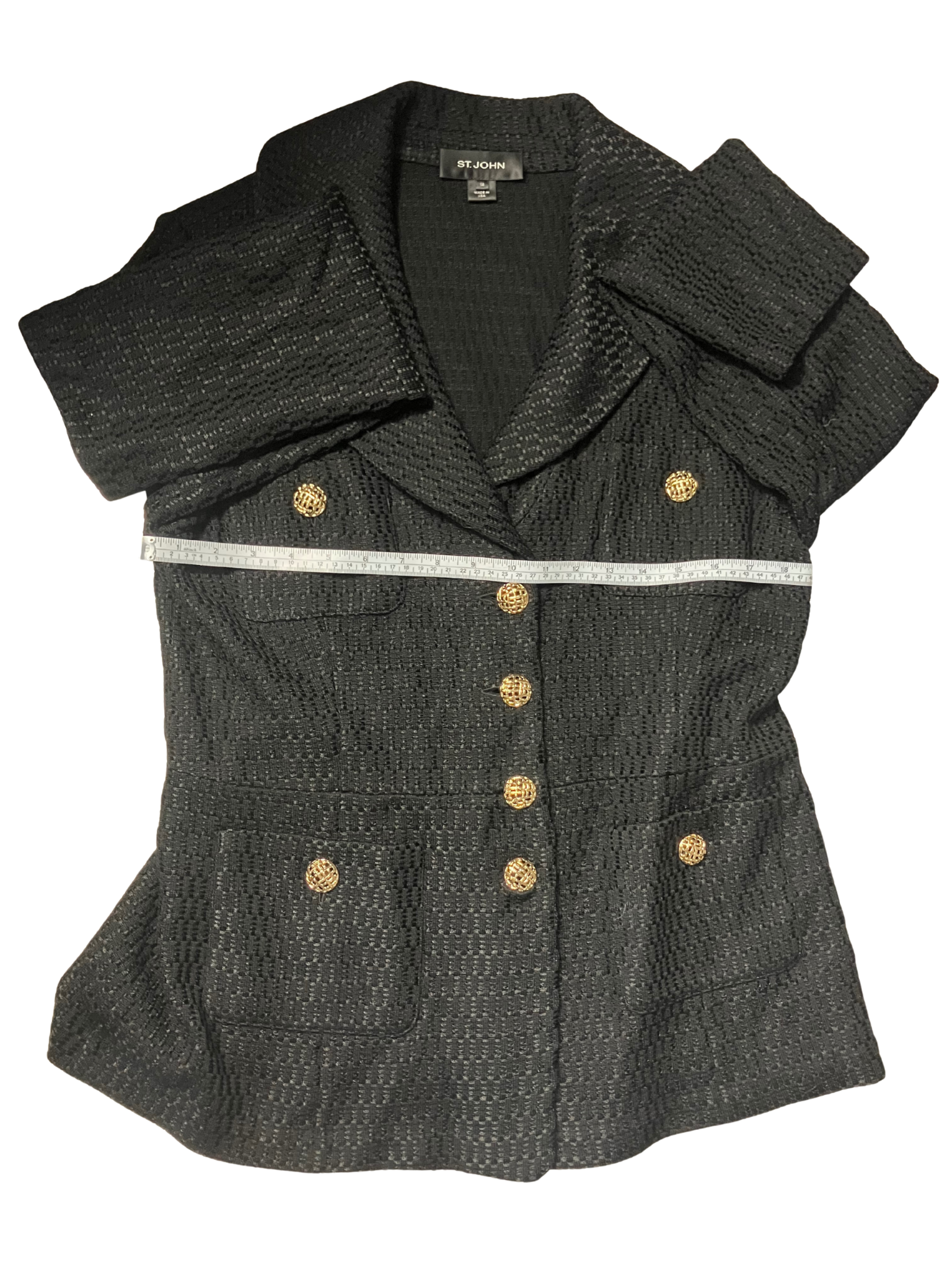 St. John Black Knit Blazer Jacket Gold Button Detail Size 14