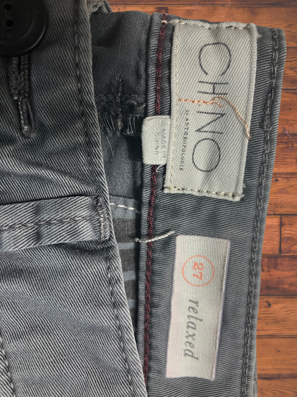 Chino by Anthropologie — Tailored Pants | Slate gray with a geometric embroidered stripe · Sz 27