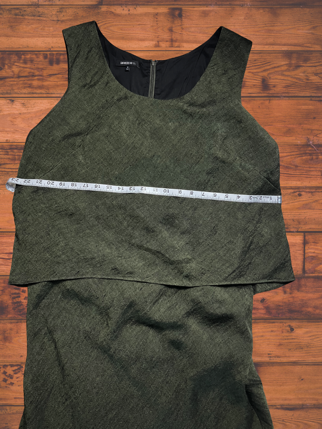 Lafayette 148 New York — Dress | Olive linen-blend midi with architectural overlay bodice · Sz 16