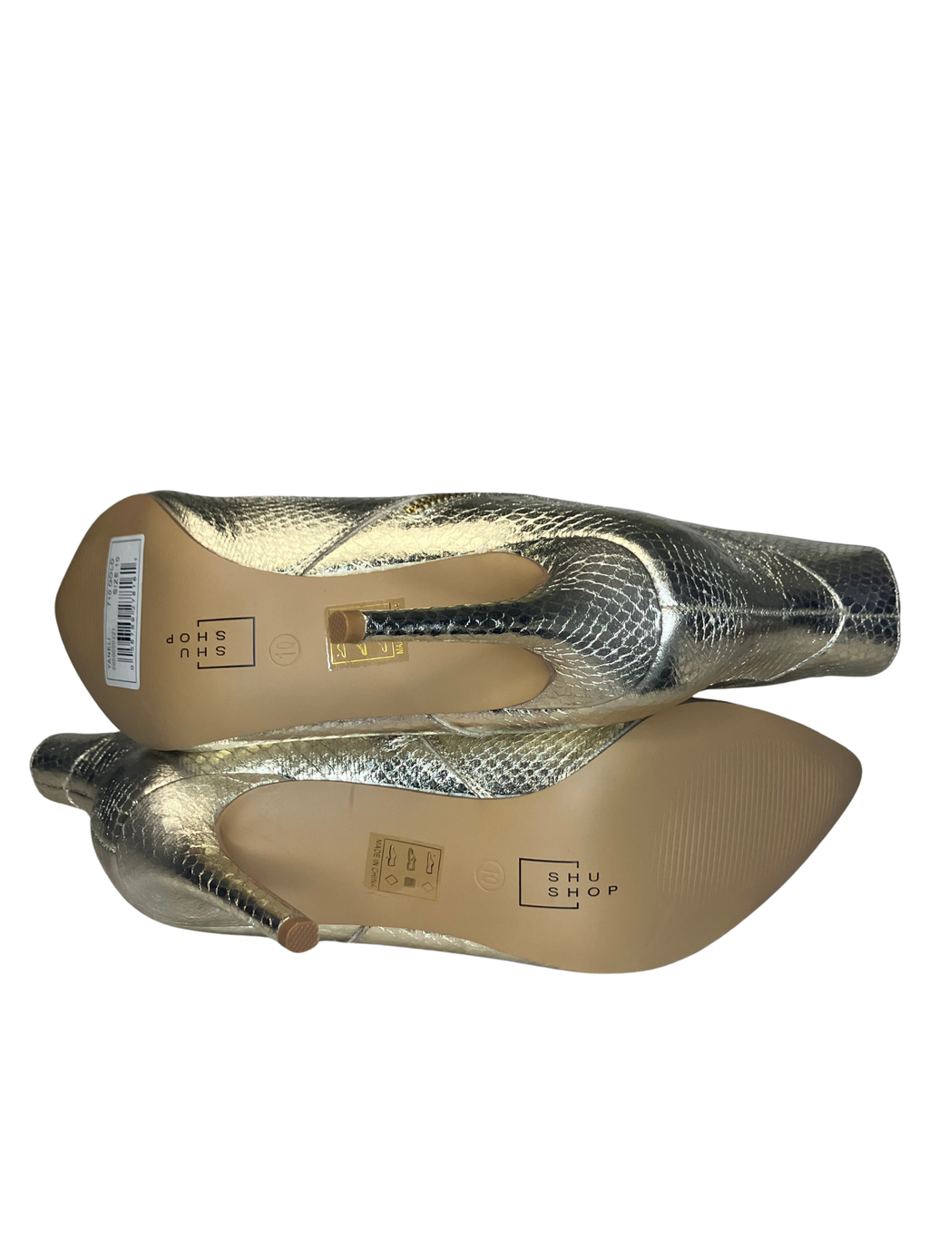 ShuShop — Boots | Snake-embossed metallic gold stiletto, never worn · Sz 10