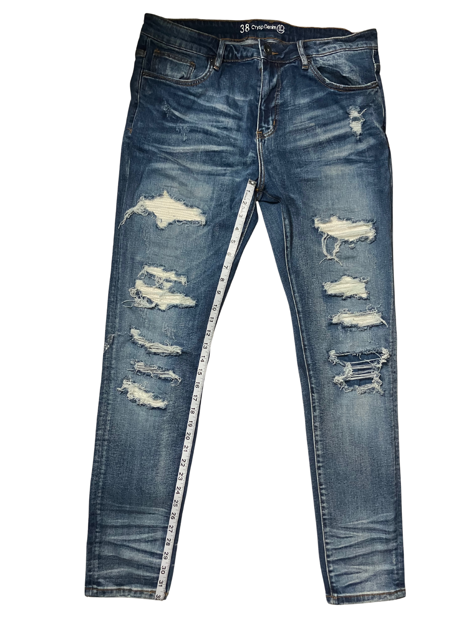 Crysp Denim Distressed Skinny Jeans Blue Wash Stretch Size 38