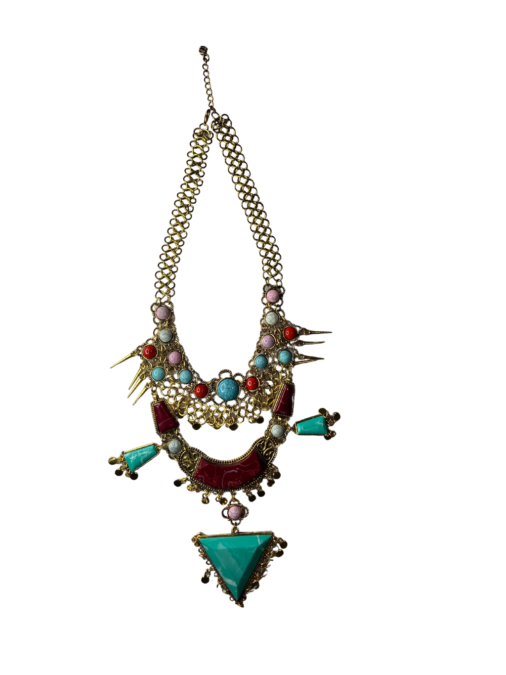 Boho Tribal Statement Necklace Turquoise Coral Multi-Layer Gold Bib