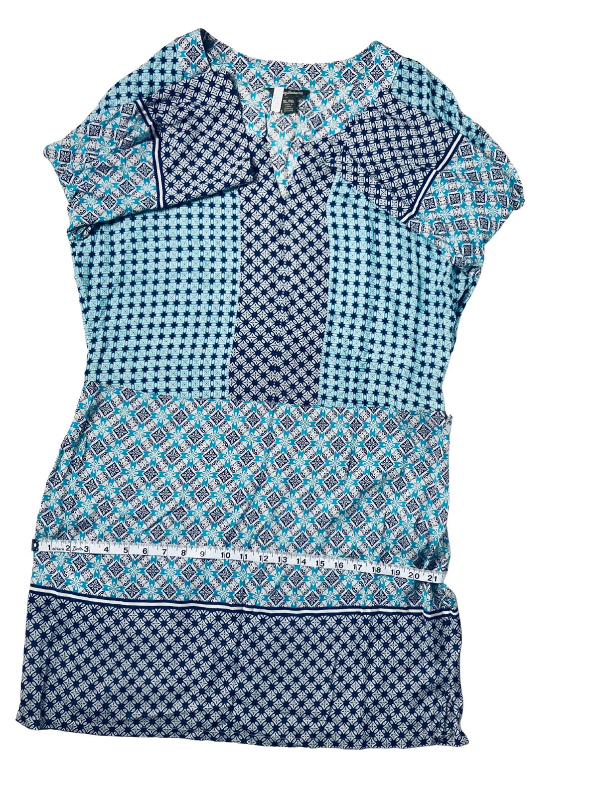 Tommy Bahama — Tunic | Navy & aqua geometric patchwork, 100% rayon · Sz XL