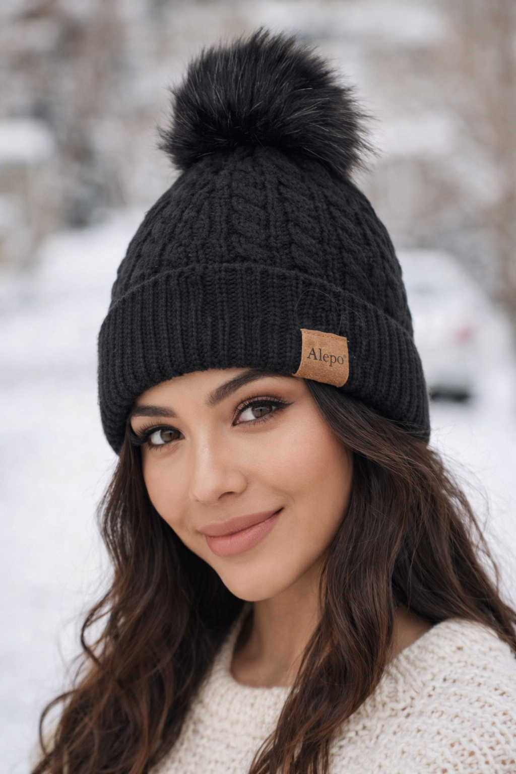 Alepo Black Knit Beanie Hat w Faux Fur Pom Pom