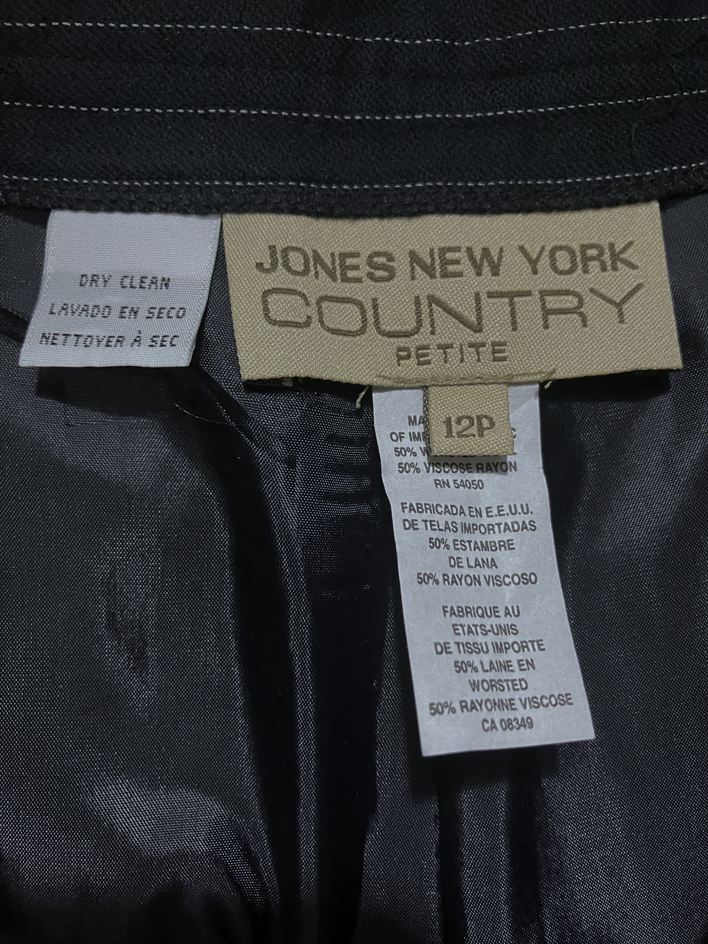 Jones New York — Tailored Pants | Navy pinstripe, wool blend, made in the U.S.A. · Sz 12P