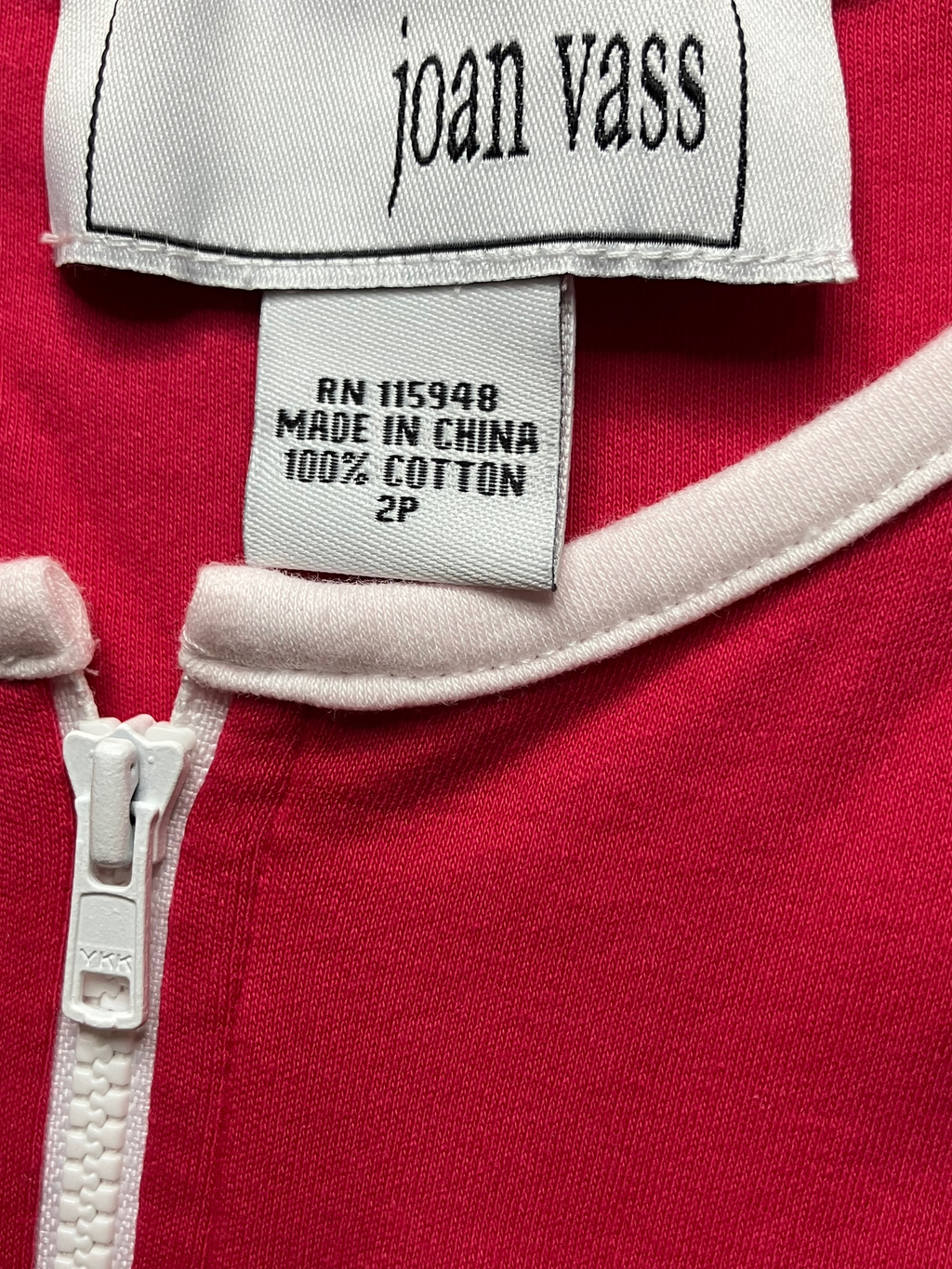 Joan Vass Fuchsia Pink Cotton Zip Cardigan White Trim 3/4 Sleeve Size 2P