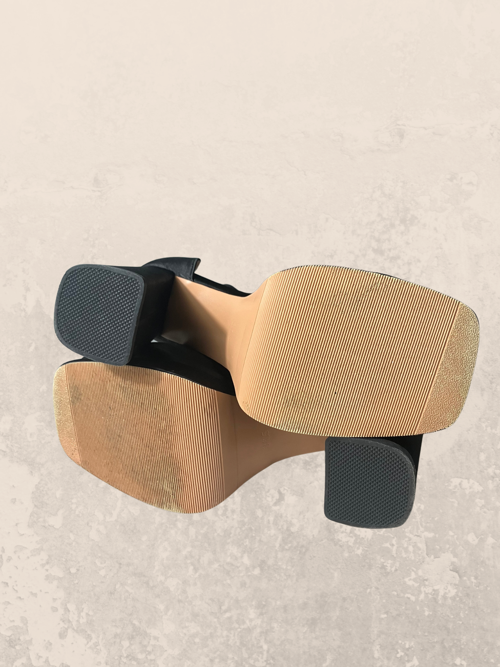 Xieda — Platform Block Heel | Black satin, ankle strap, gold buckle · Sz 6