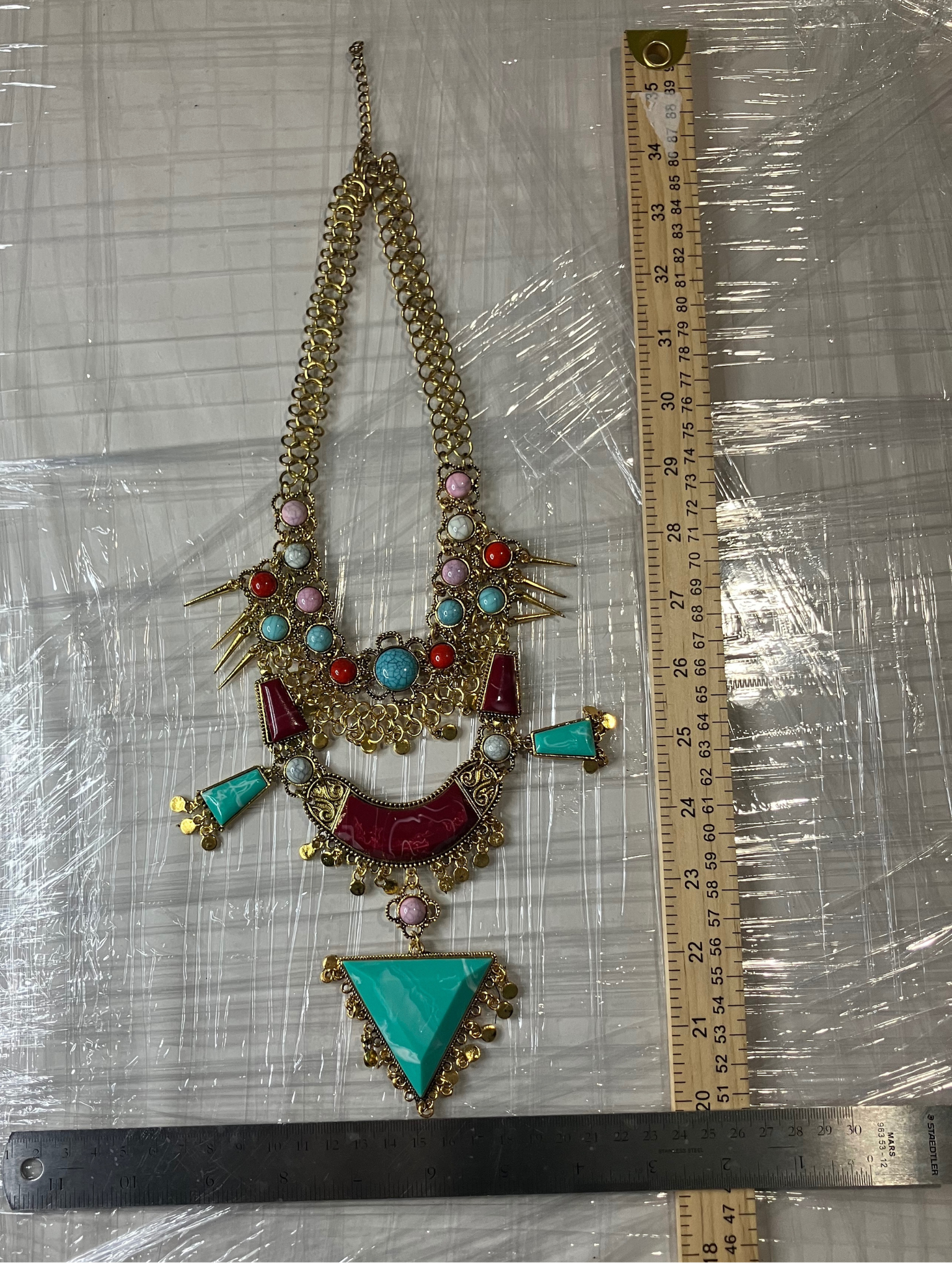 Boho Tribal Statement Necklace Turquoise Coral Multi-Layer Gold Bib