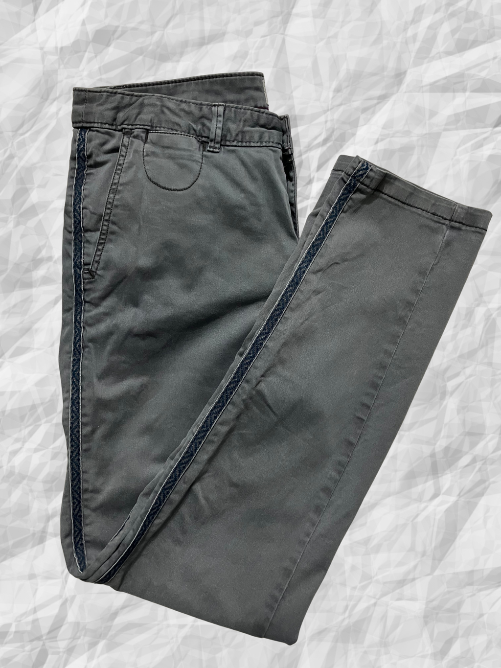 Chino by Anthropologie — Tailored Pants | Slate gray cotton with navy side stripe · Sz 30