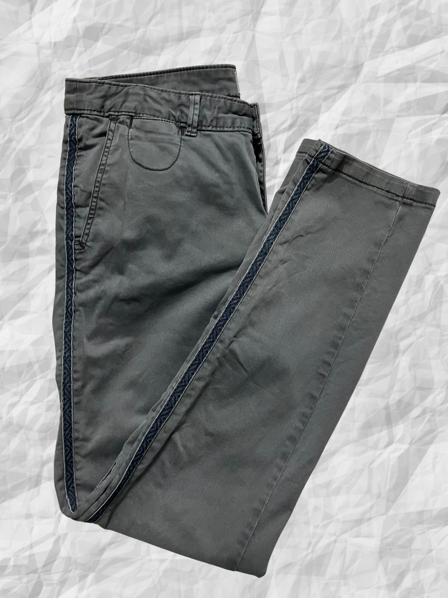 Chino by Anthropologie — Tailored Pants | Slate gray cotton with navy side stripe · Sz 30