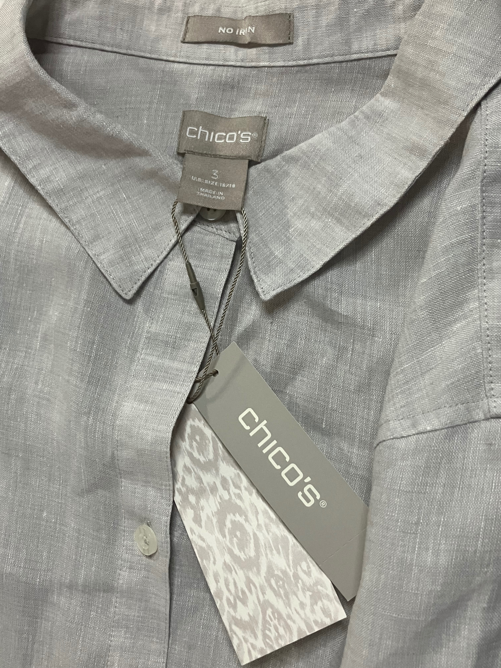 Chico's No Iron Linen Shirt 3 XL Gray Button Down Roll Tab Sleeve NWT