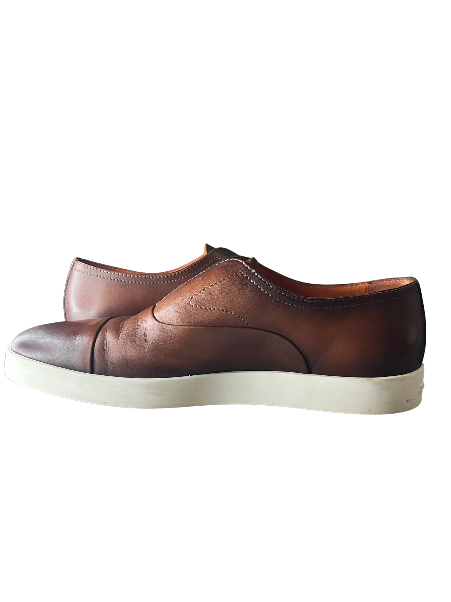 Santoni Made in Italy Brown Patina Leather Slip-On Cupsole Sneakers