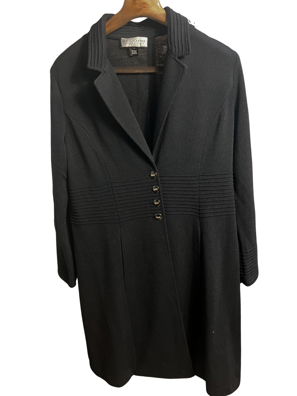 St. John Collection Black Knit Long Coat Ribbed Detail Size 14