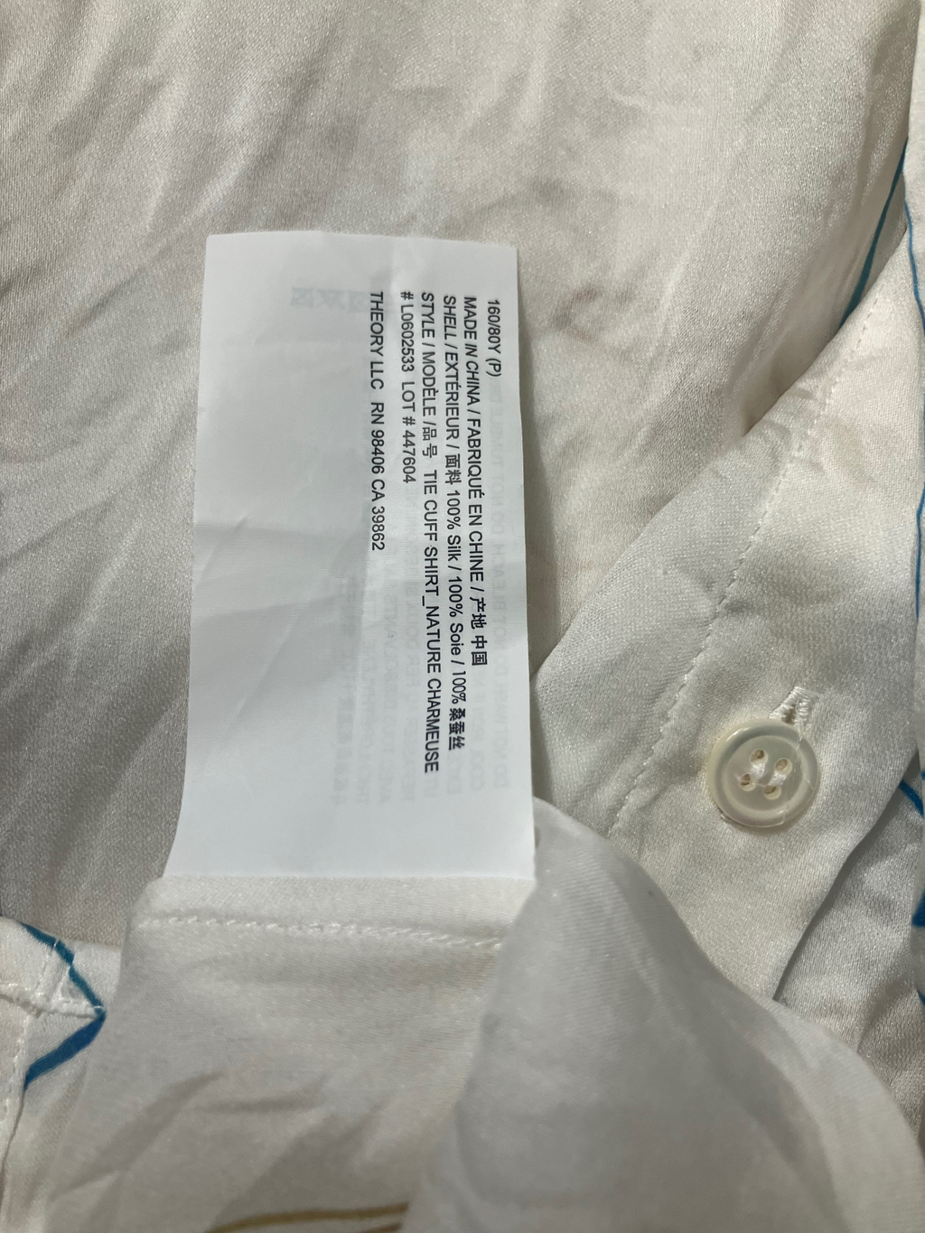 Theory Ivory Silk Abstract Print Blouse - Tie Cuff Button Down Size P