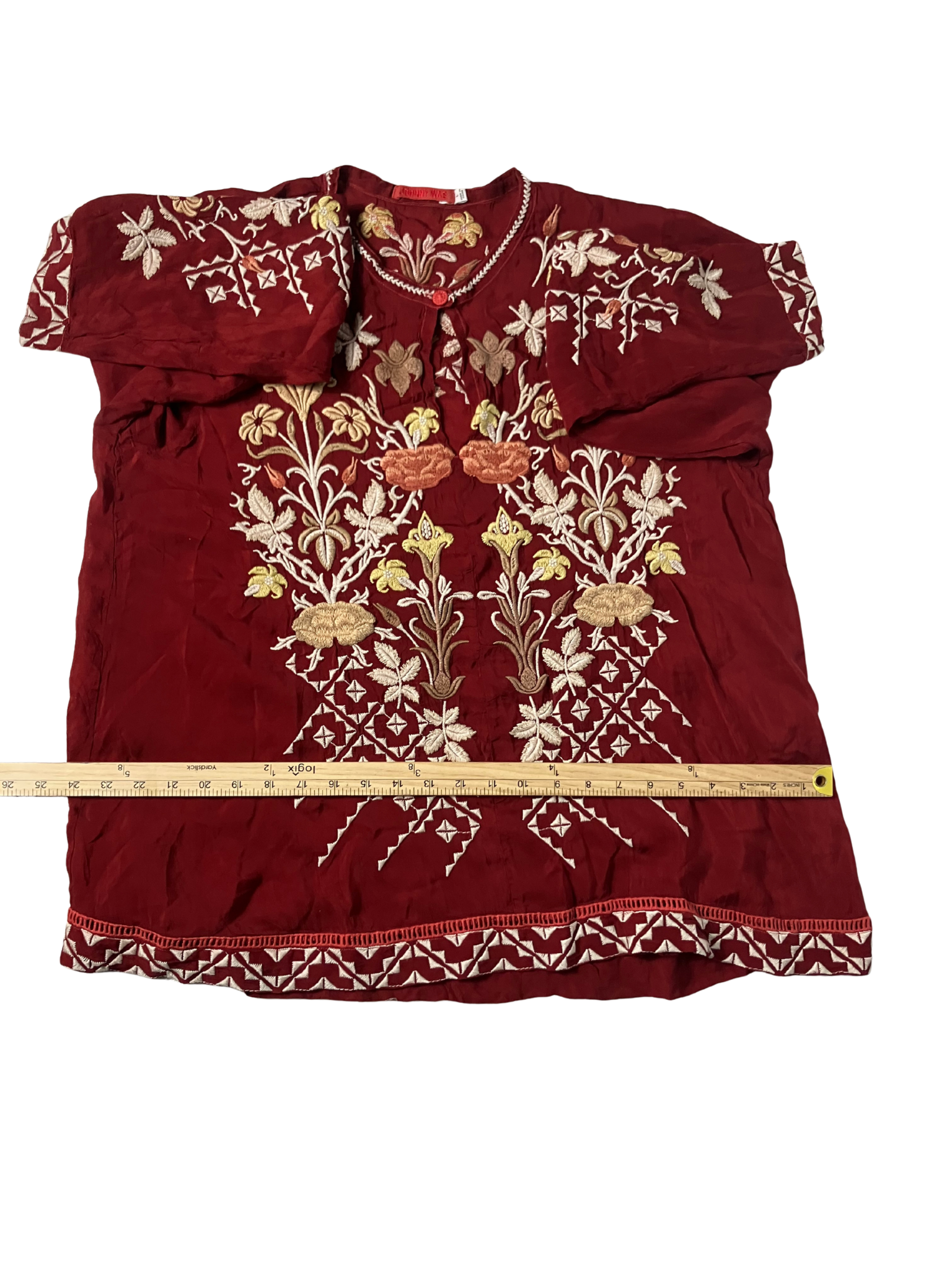 Johnny Was — Tunic | Dense botanical embroidery in deep burgundy · Sz L