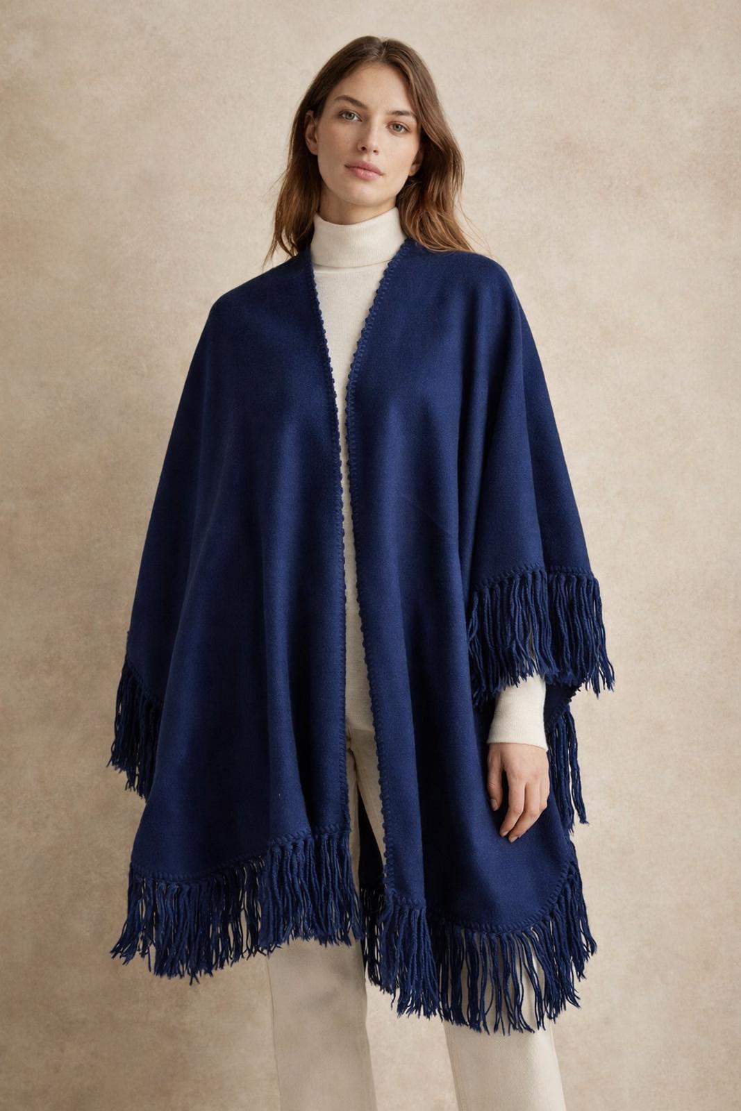 Alpaca Peru Navy Fringe Poncho Wrap Cape
