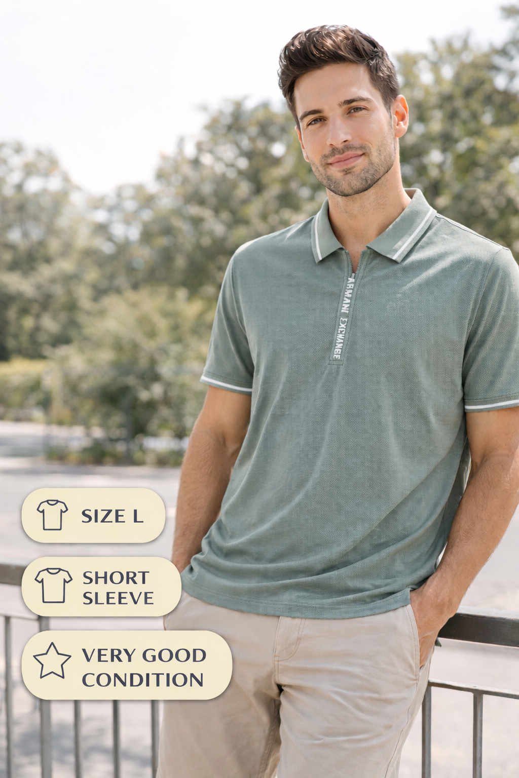 Armani Exchange Men's Polo Shirt Green Zip Front Short Sleeve Size Large