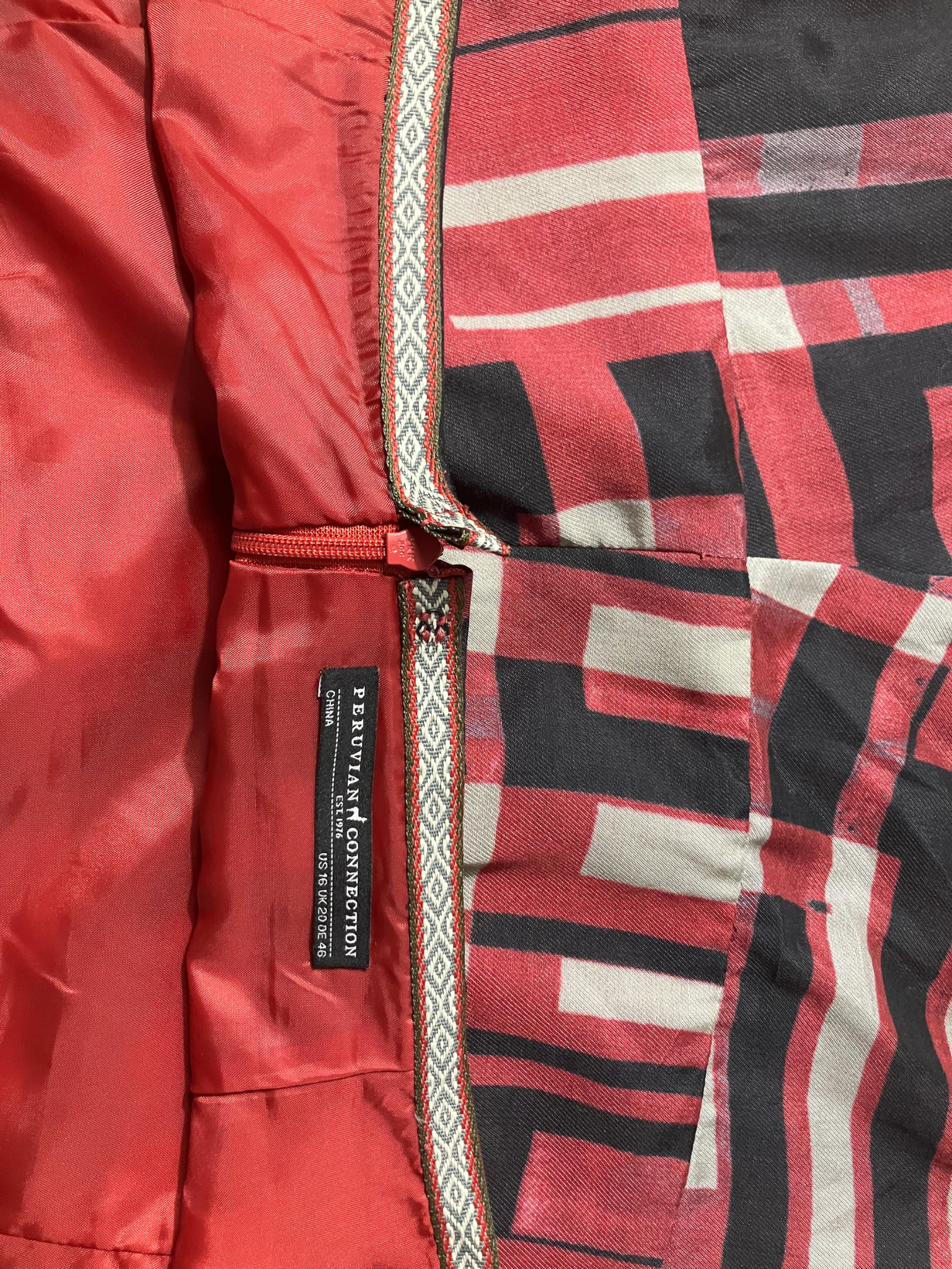 Peruvian Connection — Maxi Skirt | Art Deco geometric print, drop waist · Sz 16