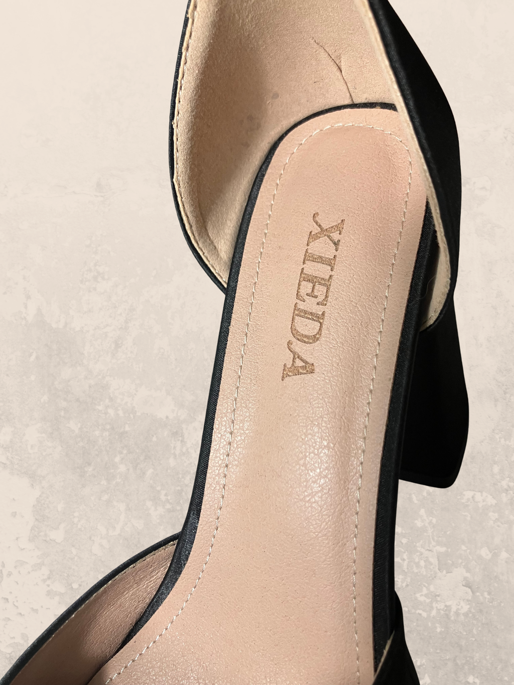 Xieda — Platform Block Heel | Black satin, ankle strap, gold buckle · Sz 6