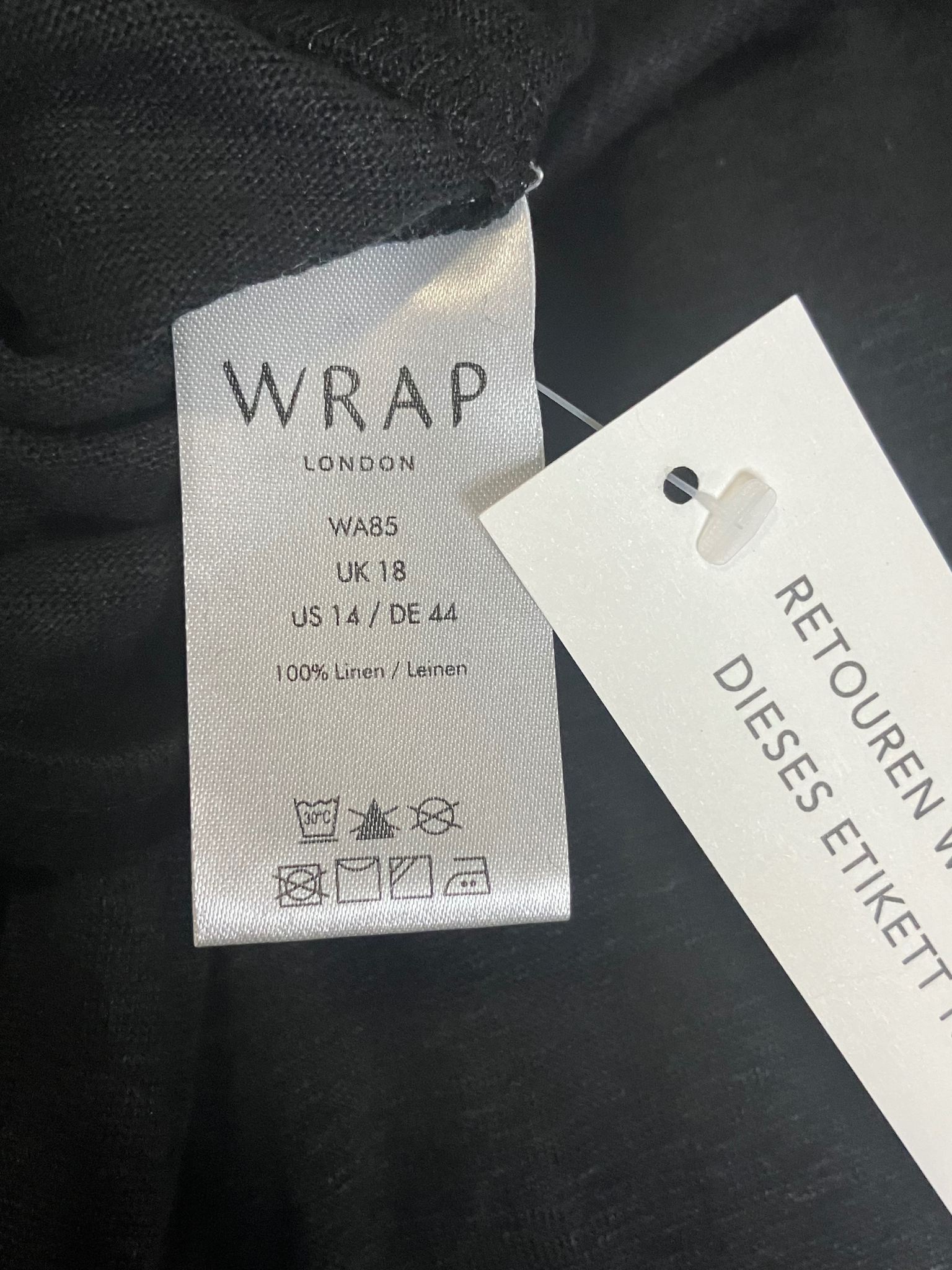 WRAP London Linen Top L Black Breathable V-Neck Short Sleeve NWT