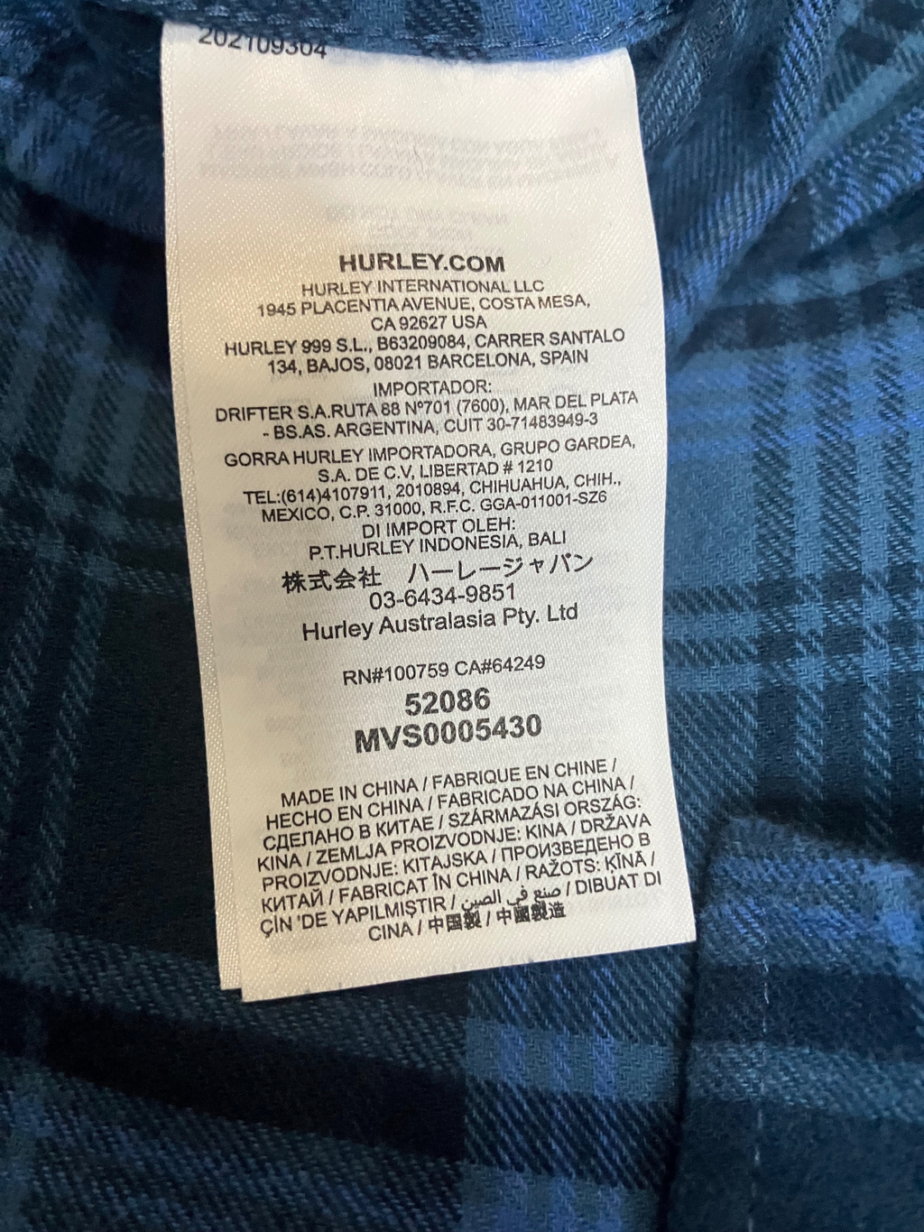 Hurley Men's Organic Cotton Flannel Shirt Blue Plaid Button Up L NWT