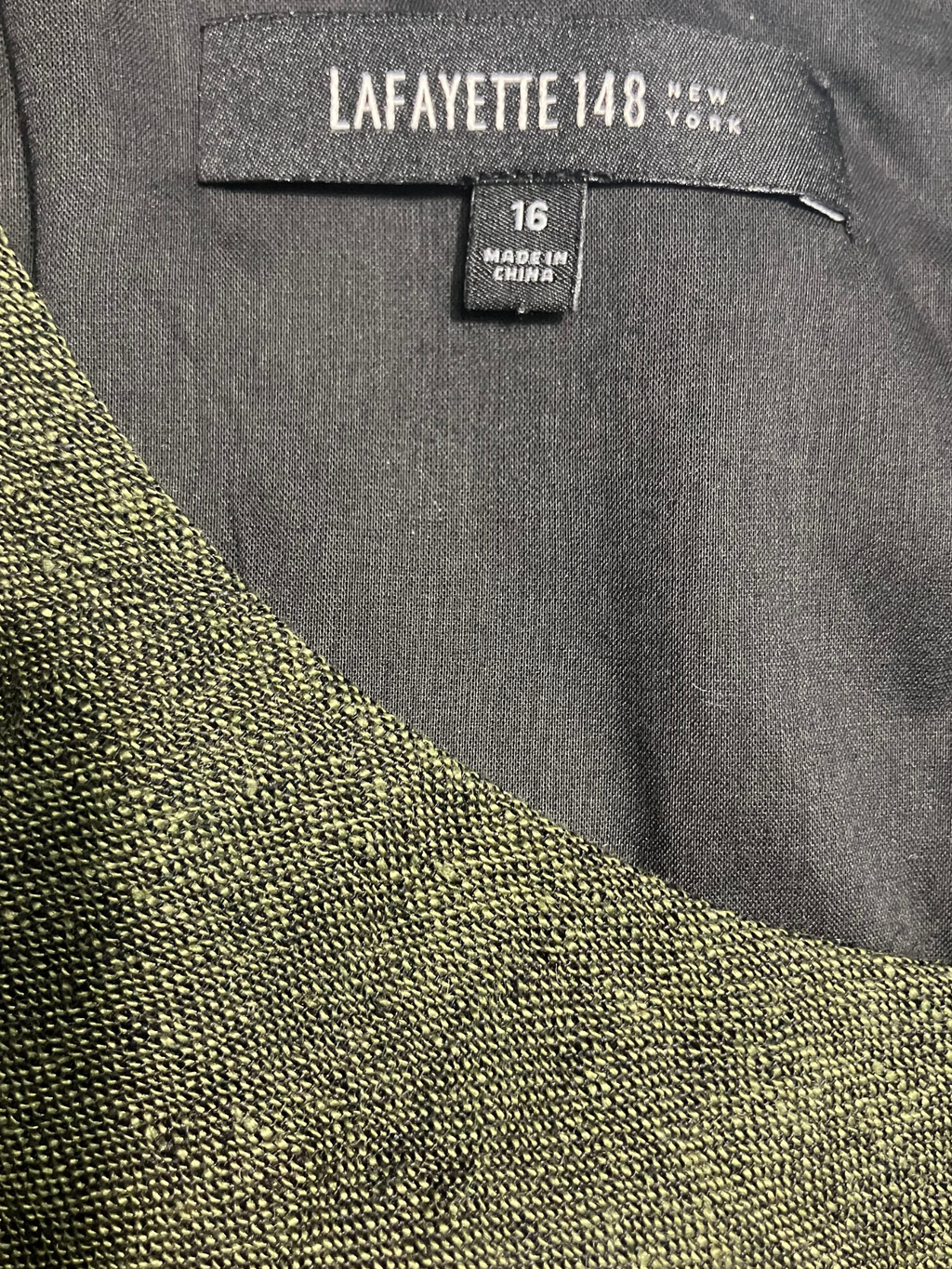 Lafayette 148 New York — Dress | Olive linen-blend midi with architectural overlay bodice · Sz 16
