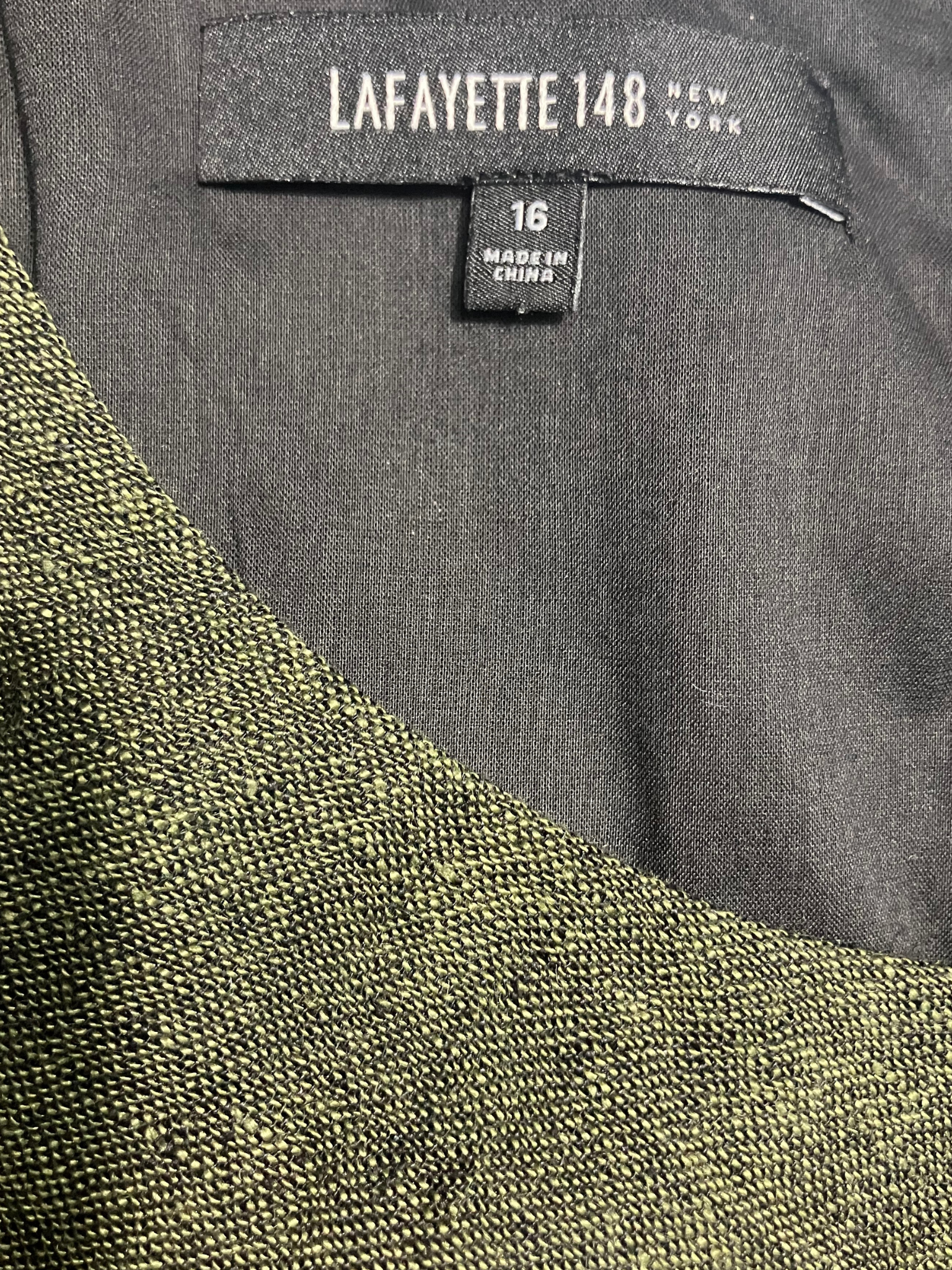 Lafayette 148 New York — Dress | Olive linen-blend midi with architectural overlay bodice · Sz 16