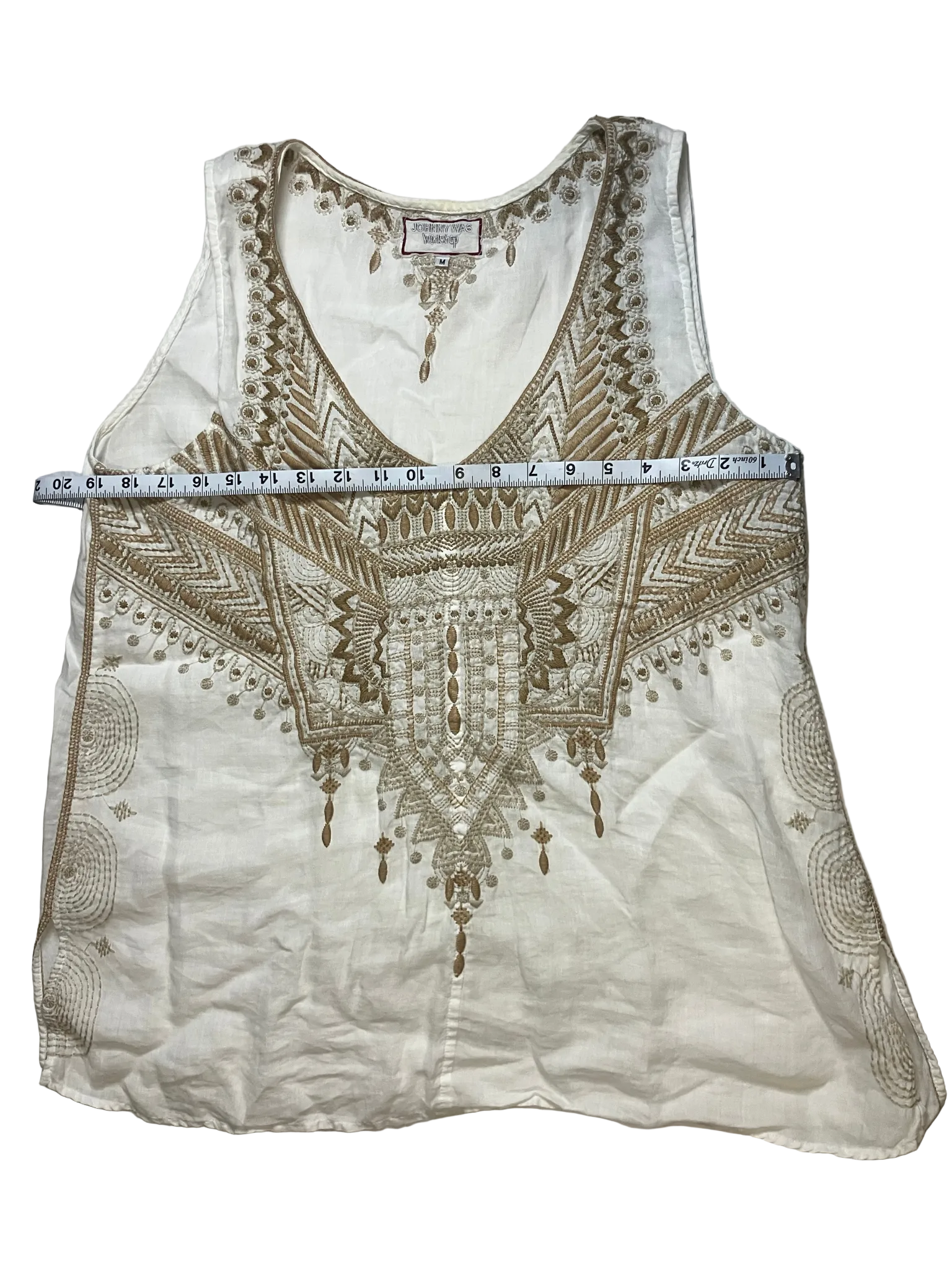 Johnny Was Workshop Embroidered Ramie Tank Top Ivory Gold Boho Size M