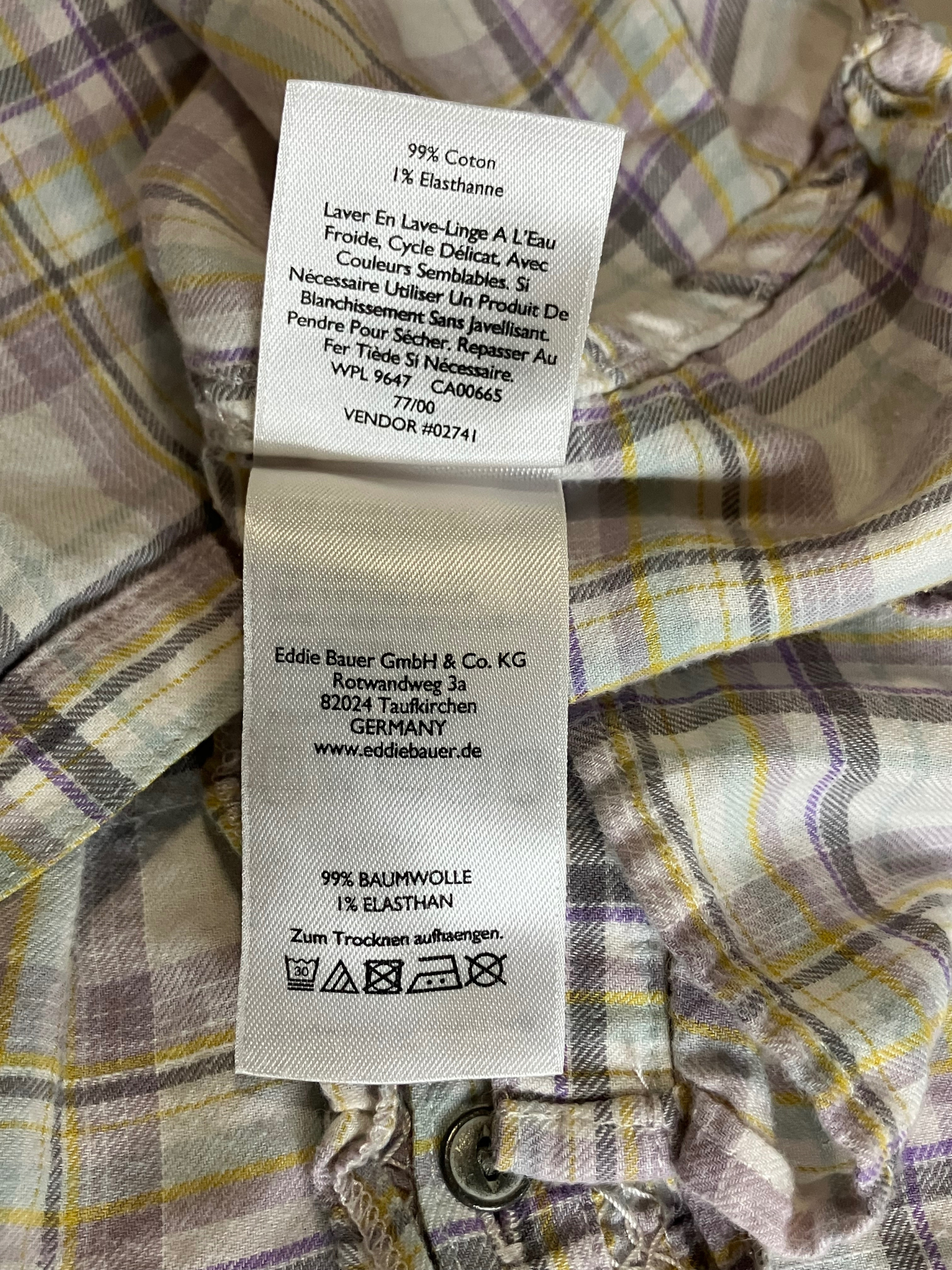 Eddie Bauer Plaid Ruffle Blouse Size L - Green Gray Cotton Roll Tab Sleeves