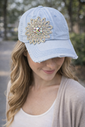 Olive & Pique Light Blue Rhinestone Floral Baseball Cap