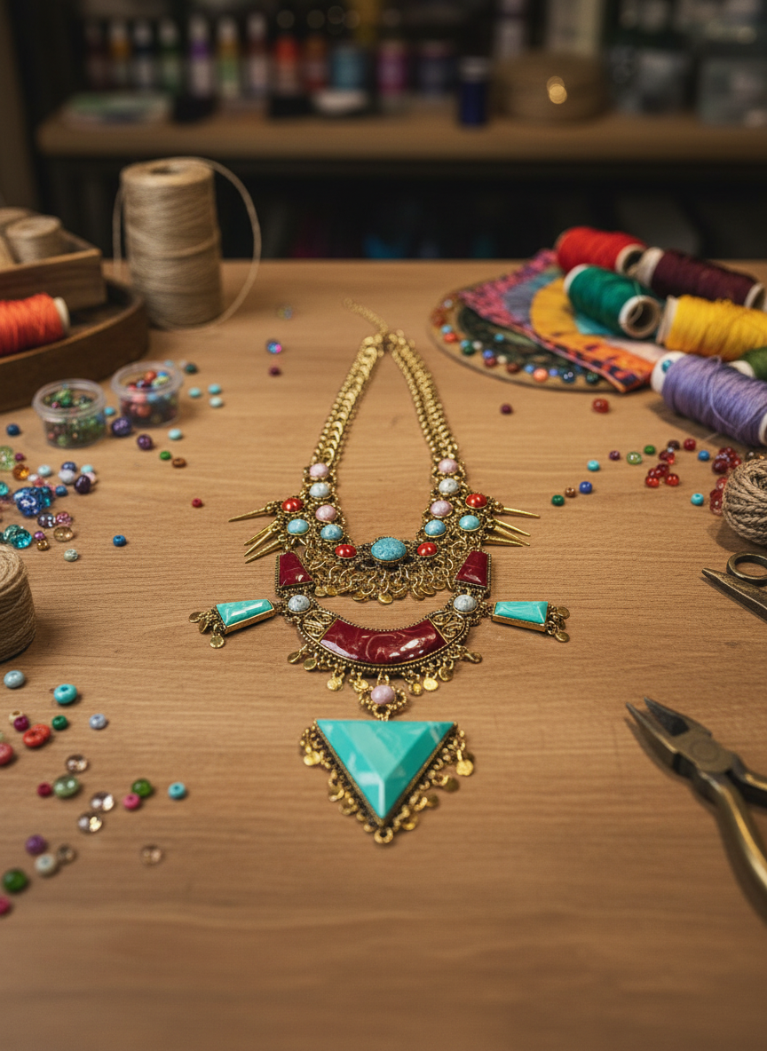 Boho Tribal Statement Necklace Turquoise Coral Multi-Layer Gold Bib